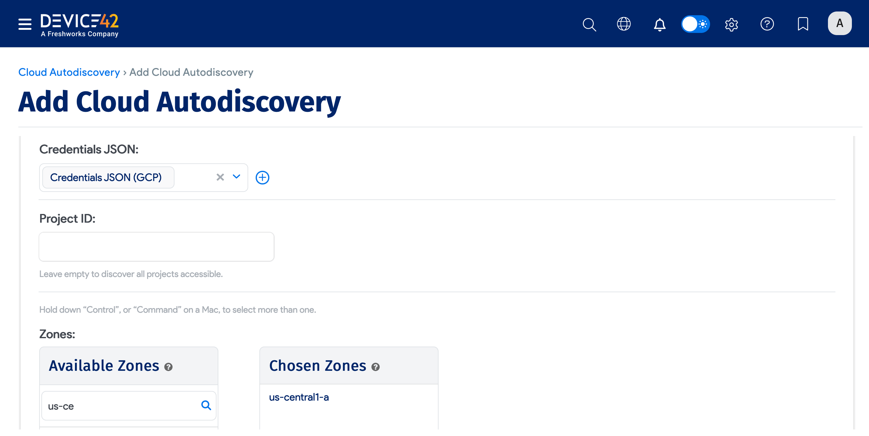 Add Google Cloud discovery form