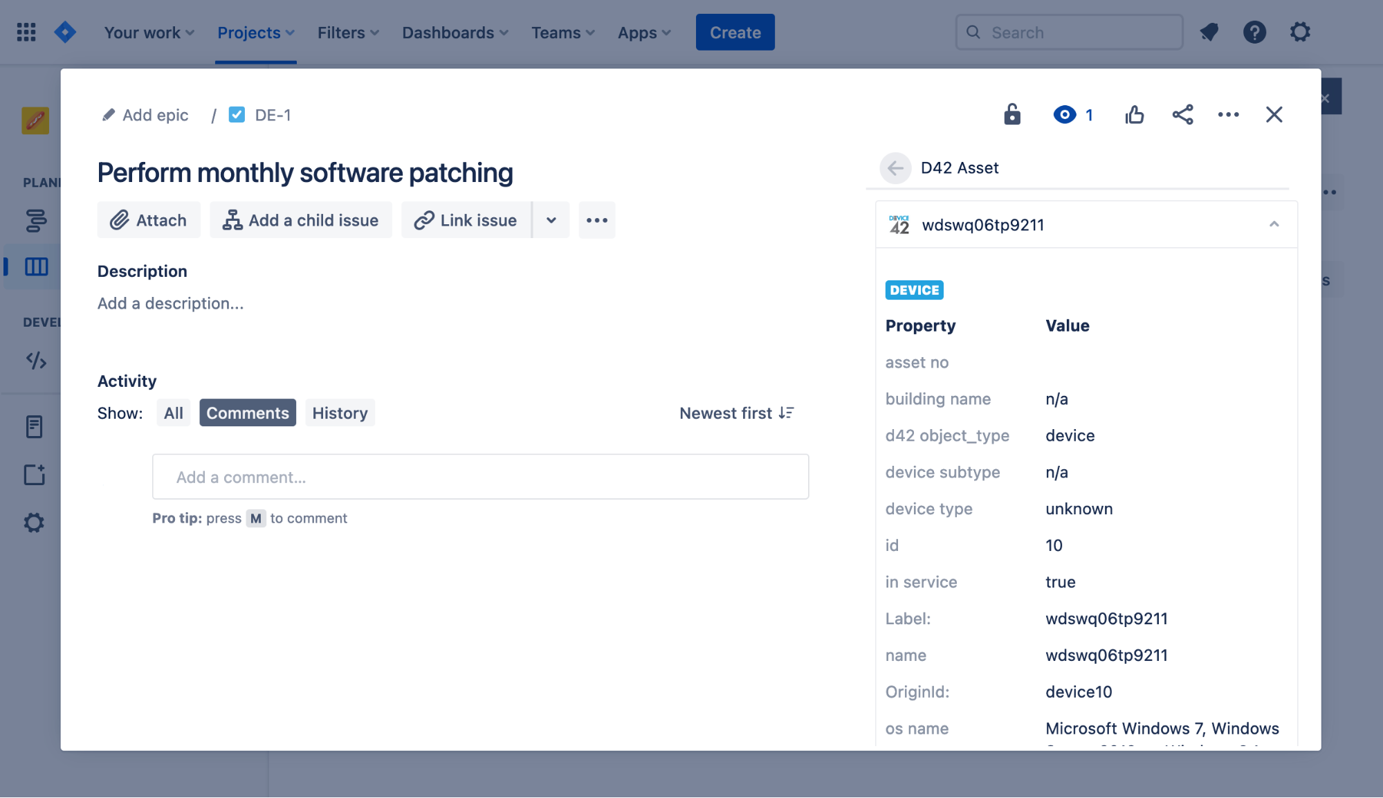 Jira Device42 linked record details