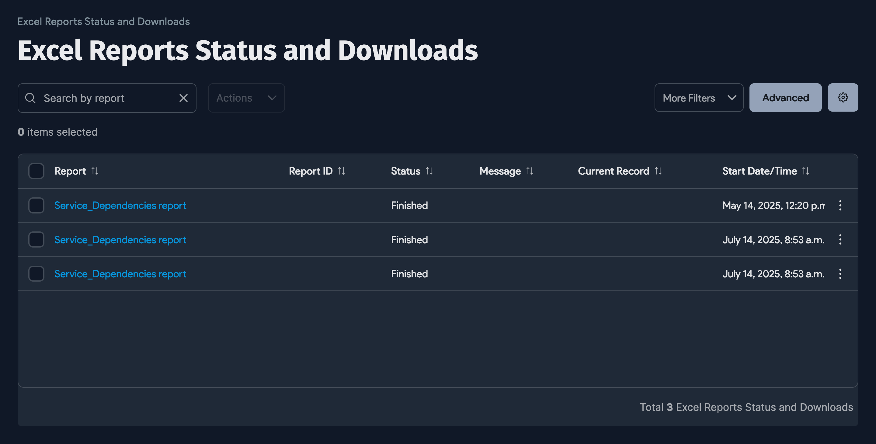 Excel Reports Status and Download page