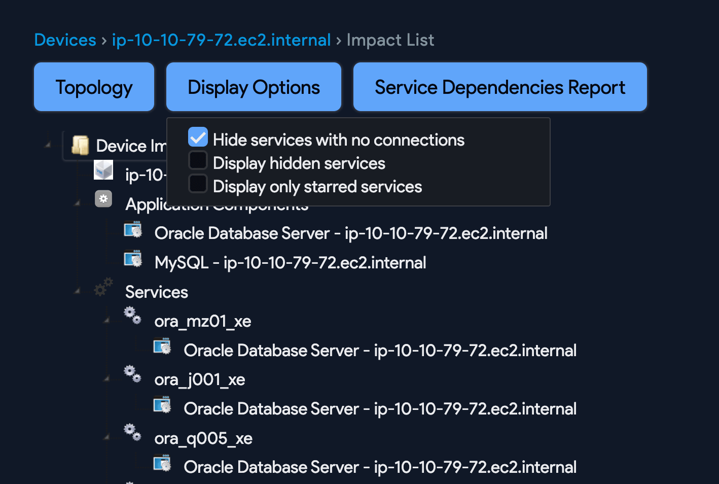 Impact list example with all services wo connections hidden