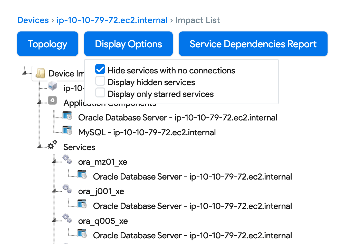 Impact list example with all services wo connections hidden