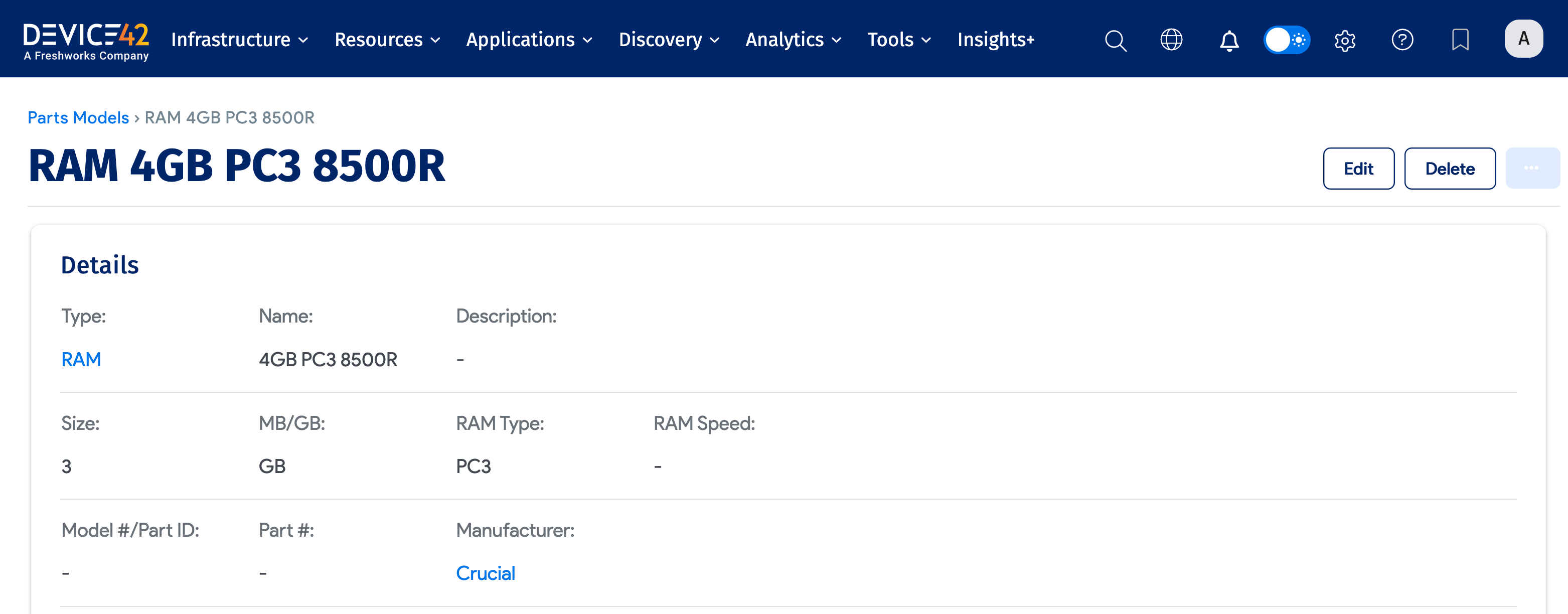 RAM part model detail view