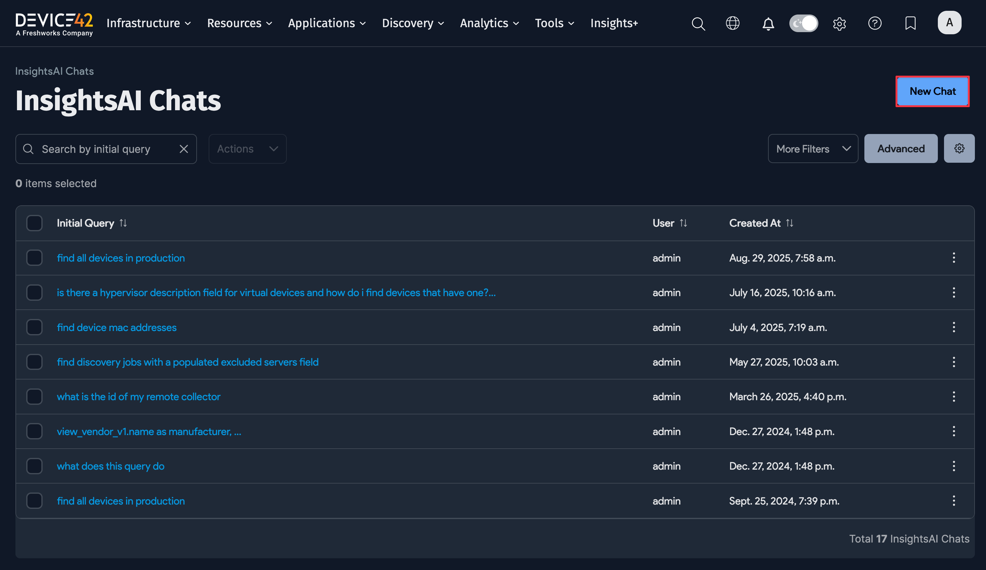 InsightsAI Chats list page