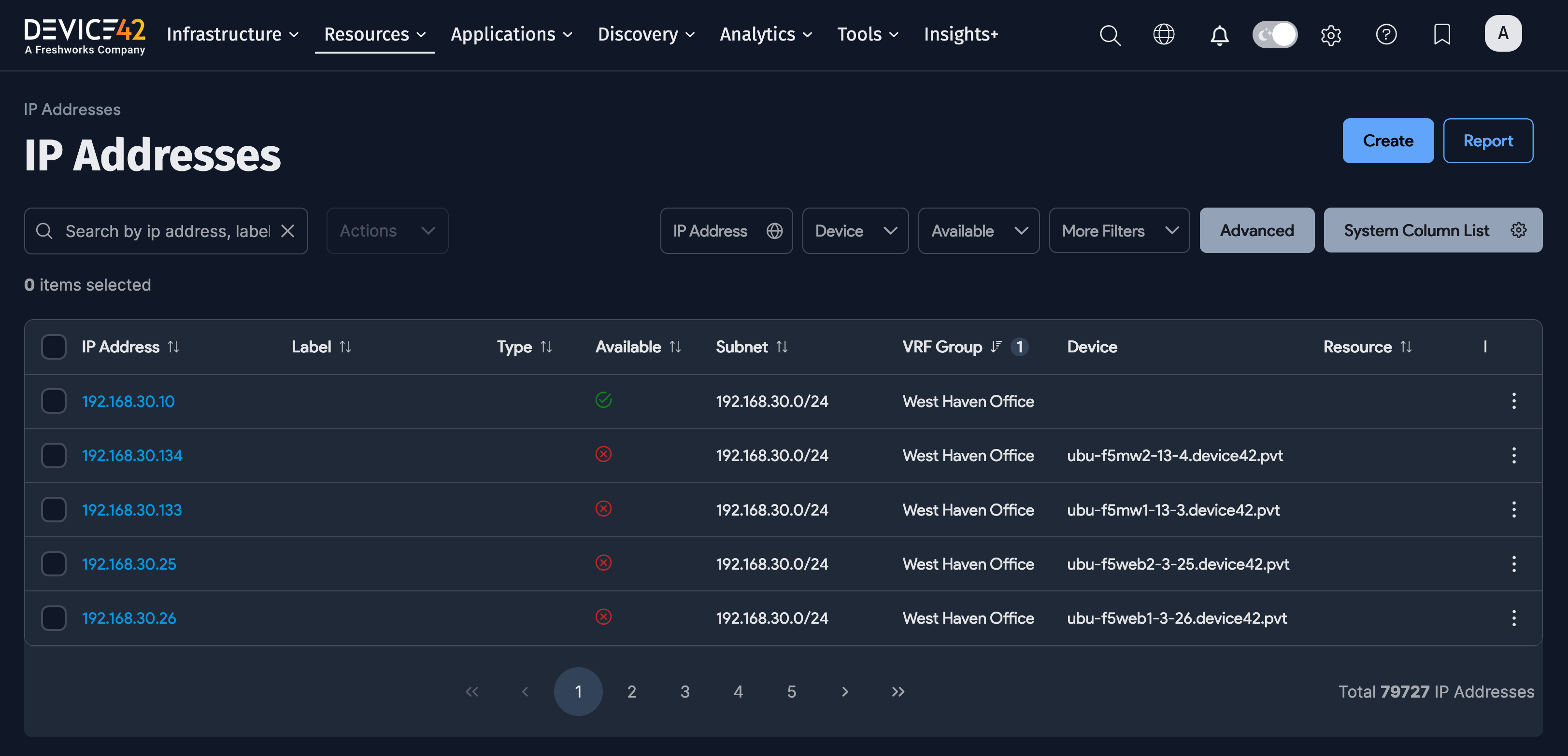IP Addresses list page