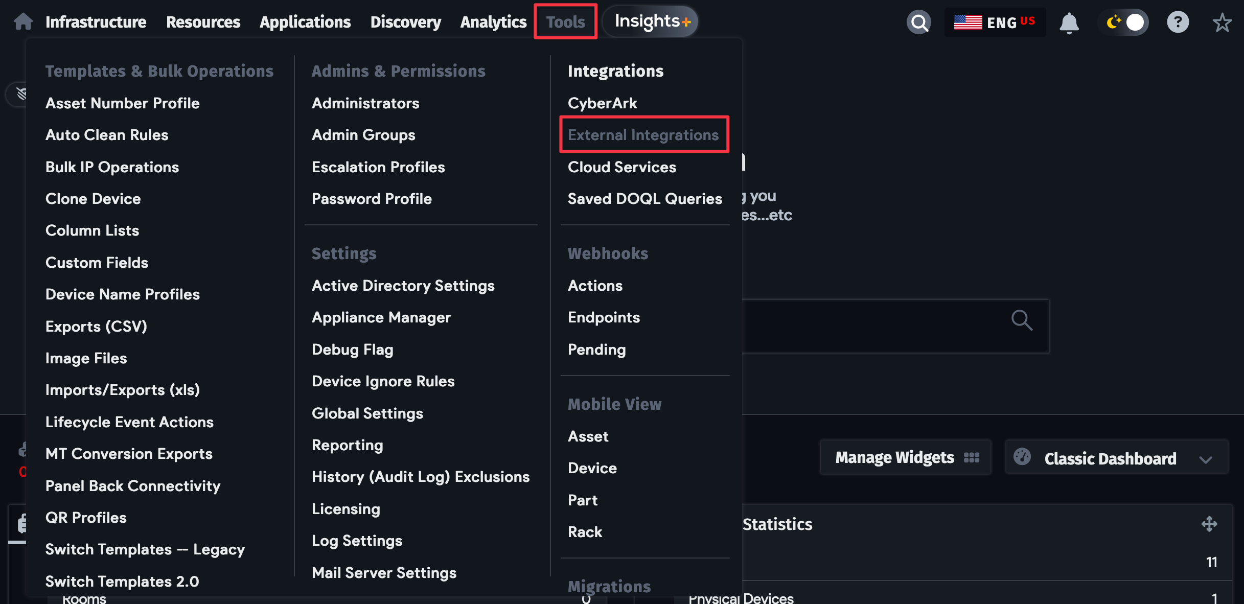 Add external integration menu