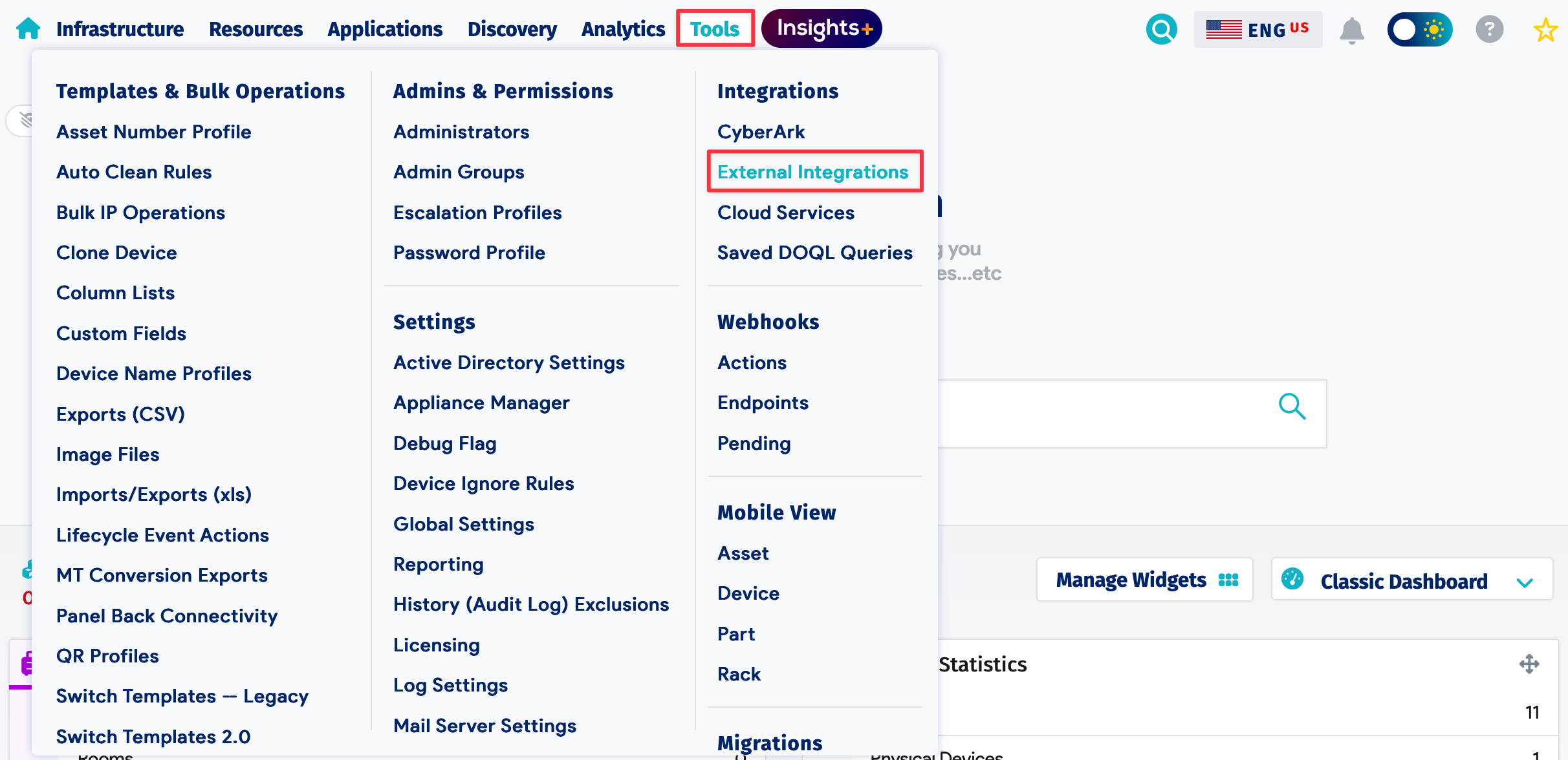 Add external integration menu
