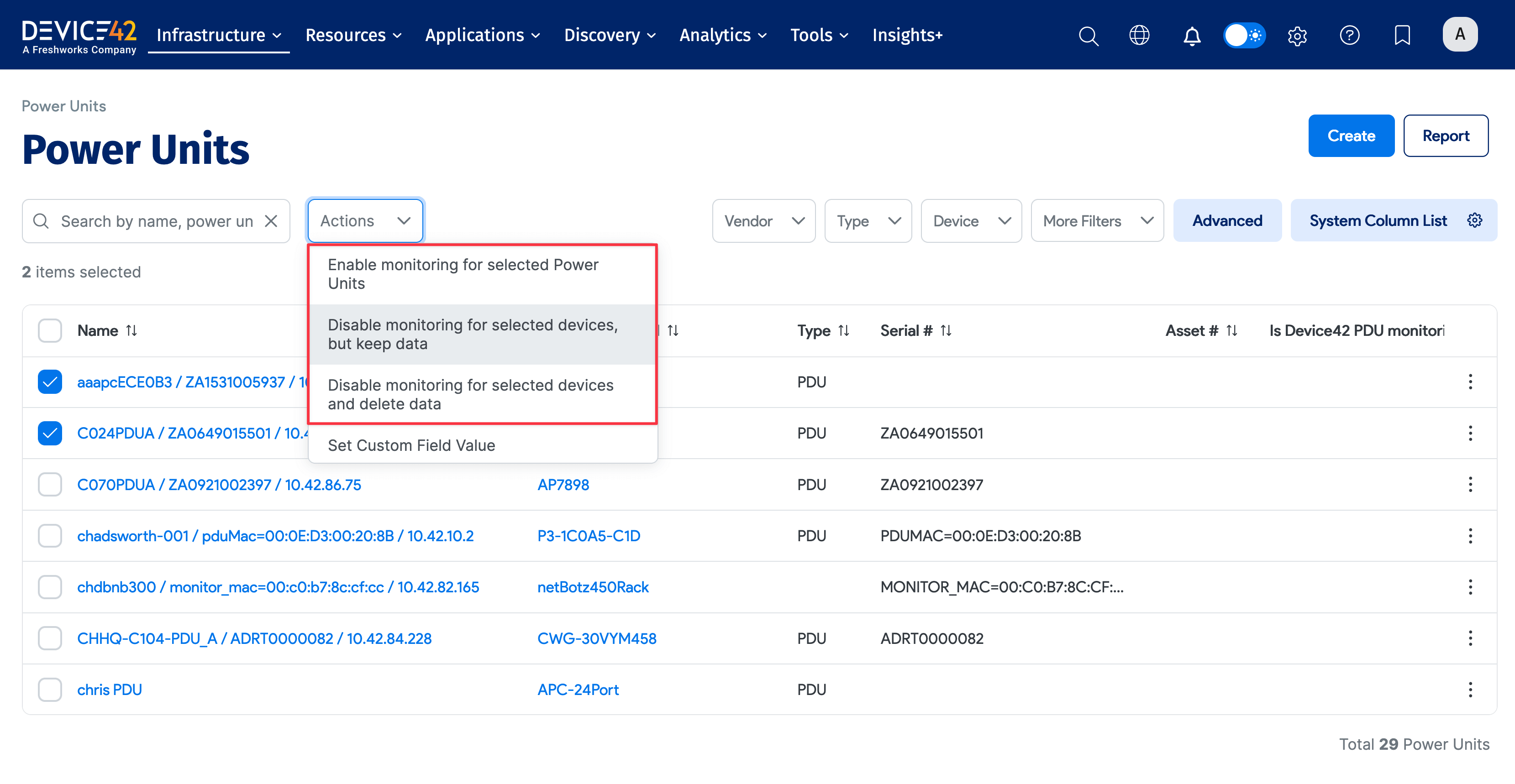 Power Units monitoring bulk actions