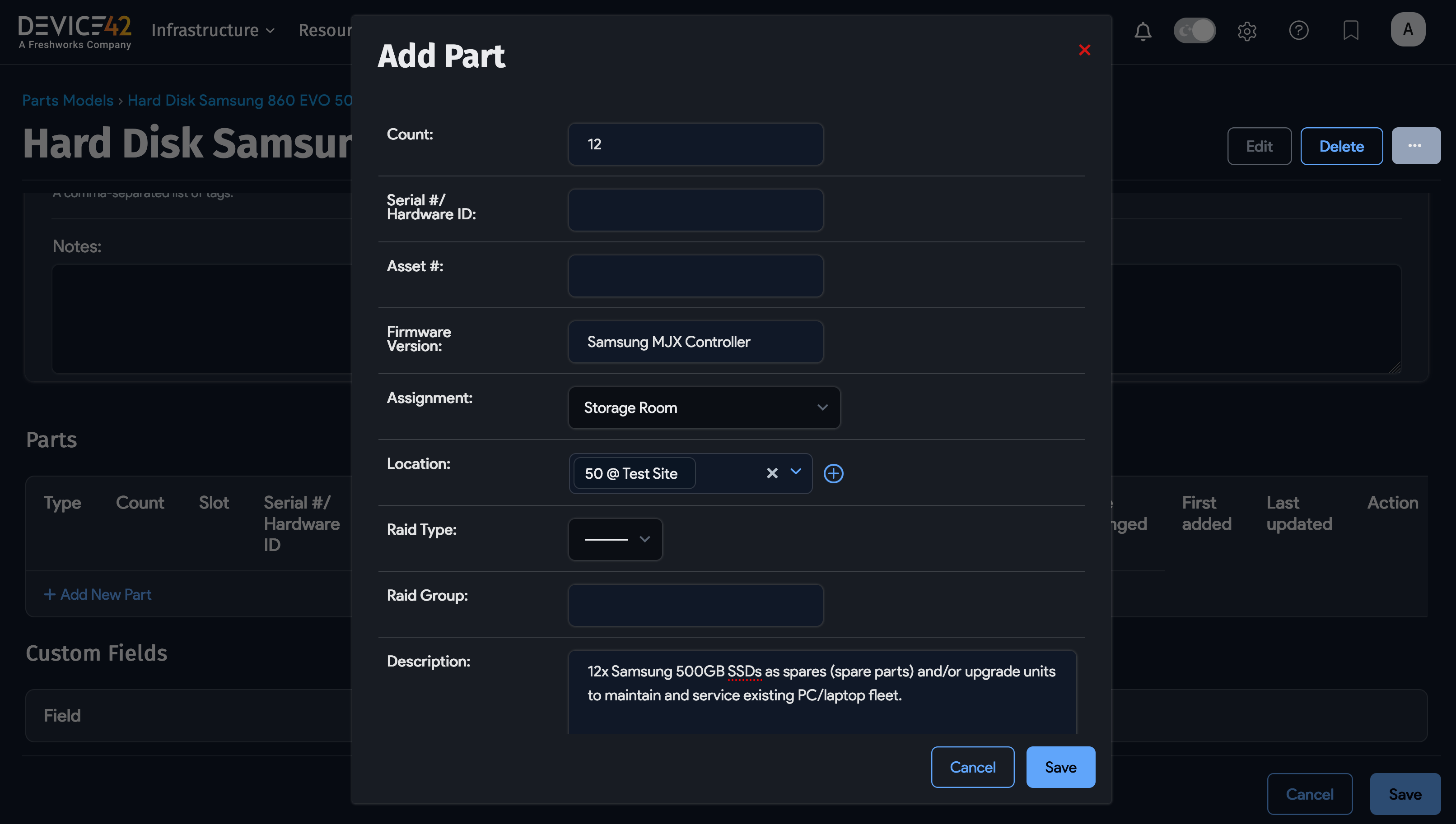 Add Part dialog window