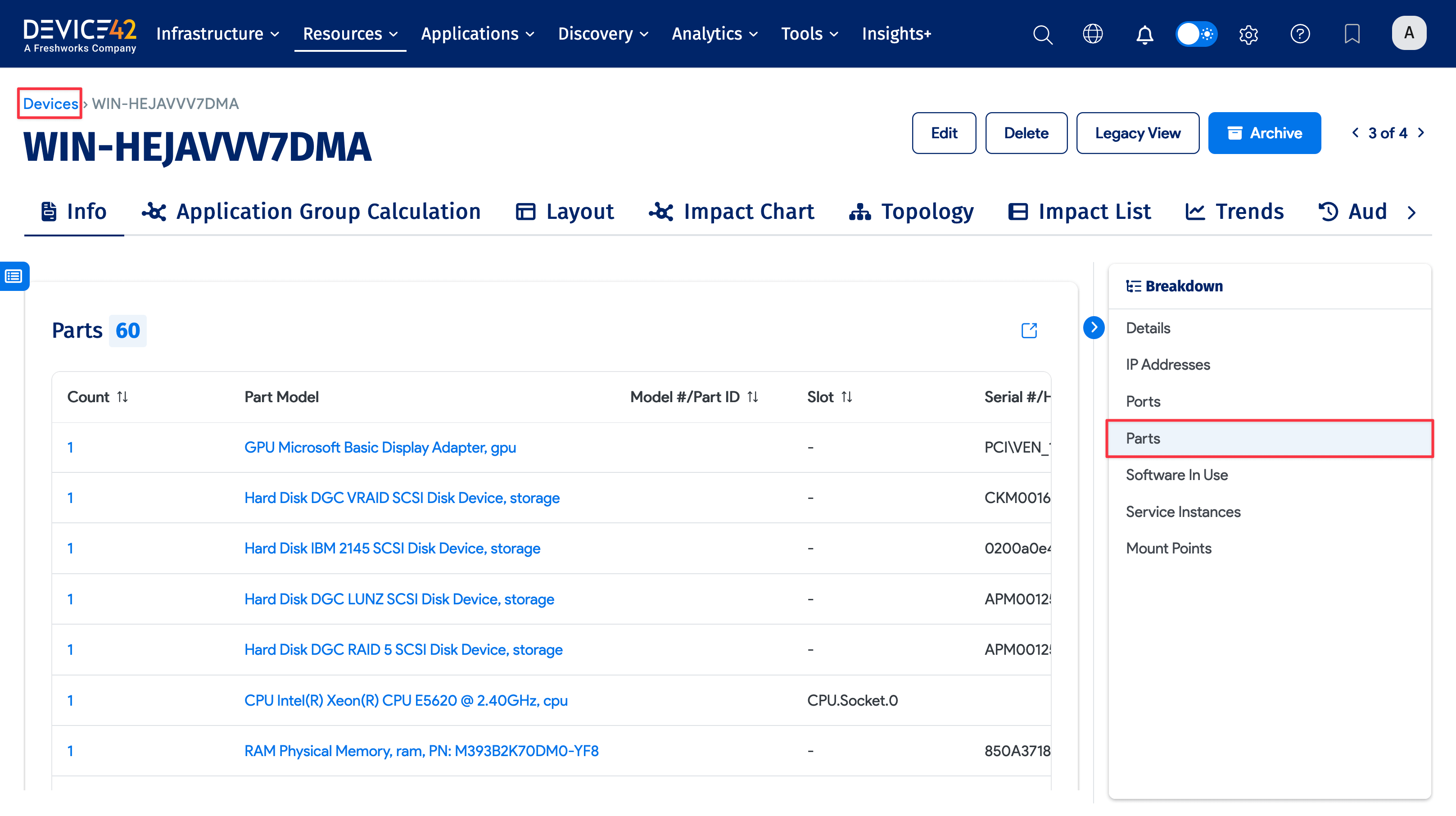 Parts associated with device tab view