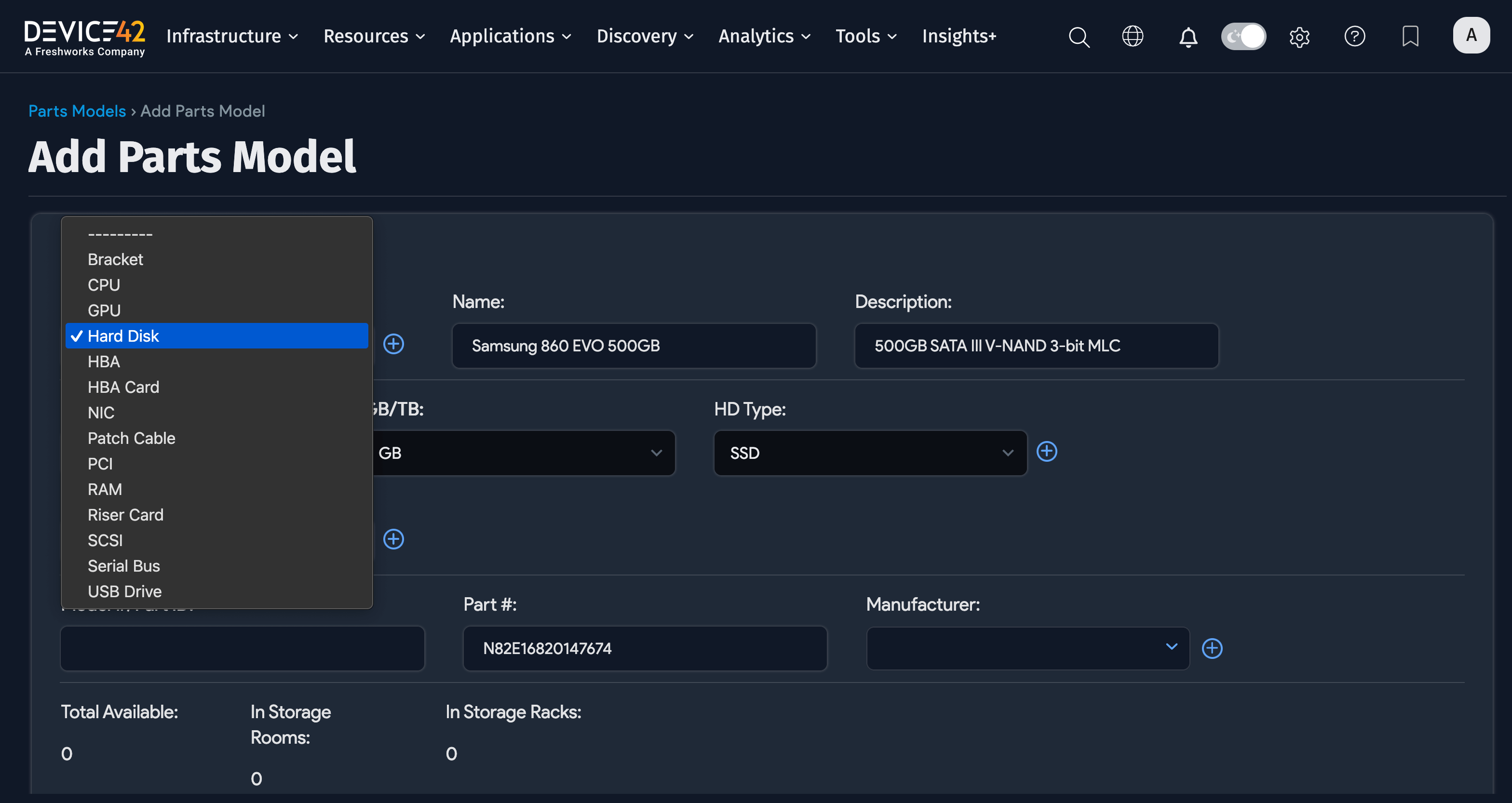 Parts model type dropdown menu