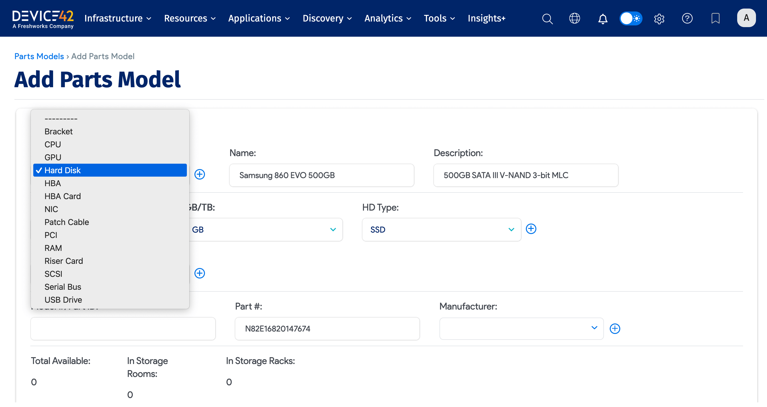 Parts model type dropdown menu