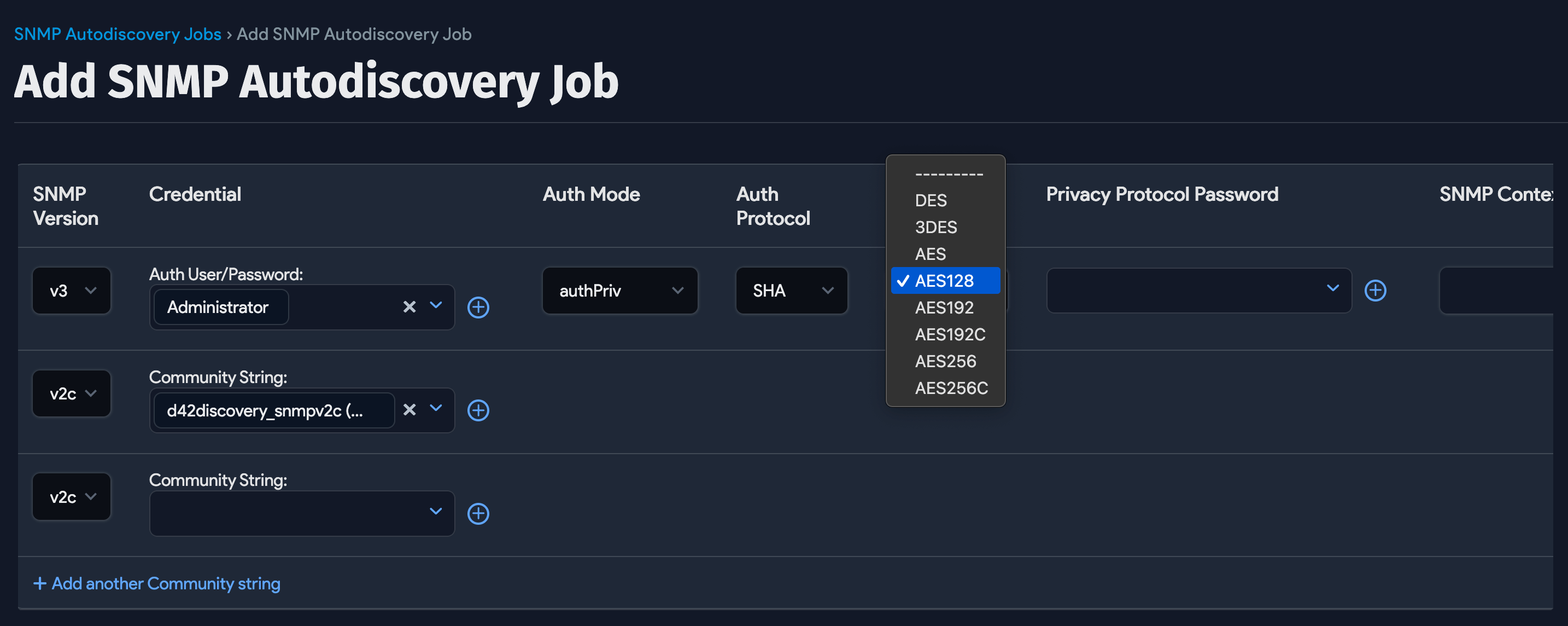 SNMP v3 protocol options