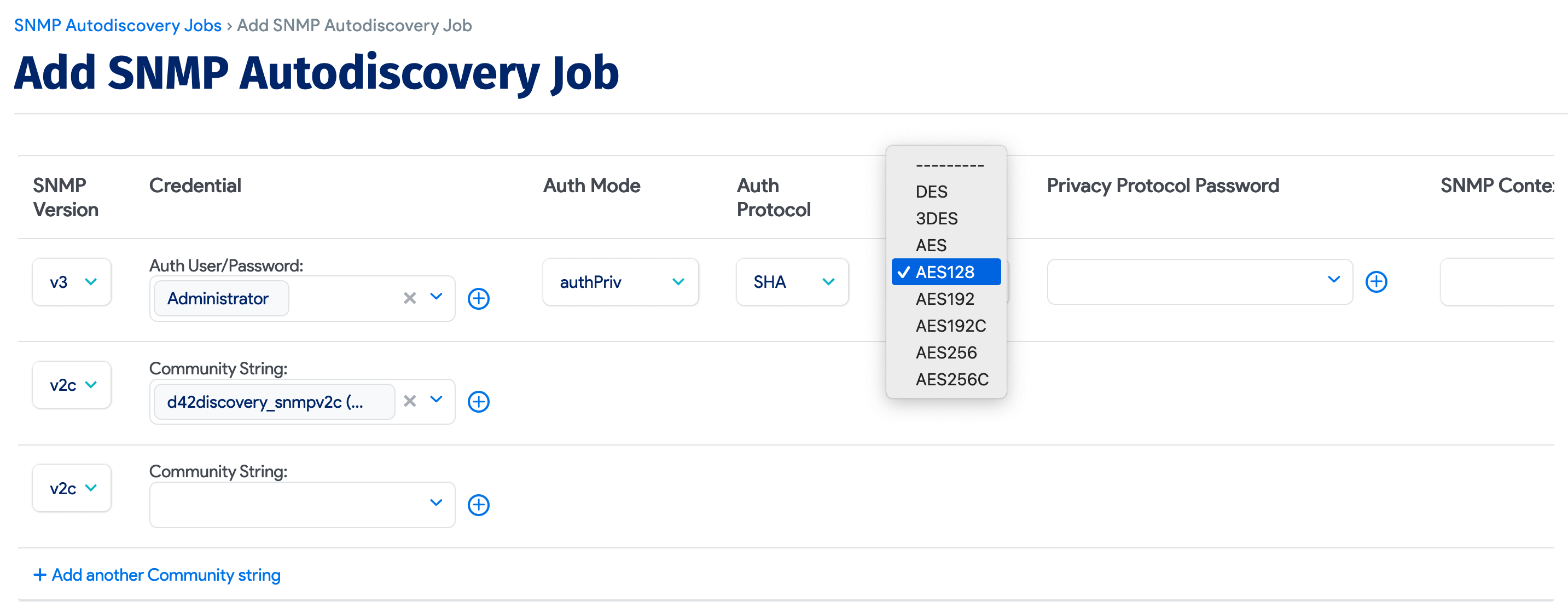 SNMP v3 protocol options