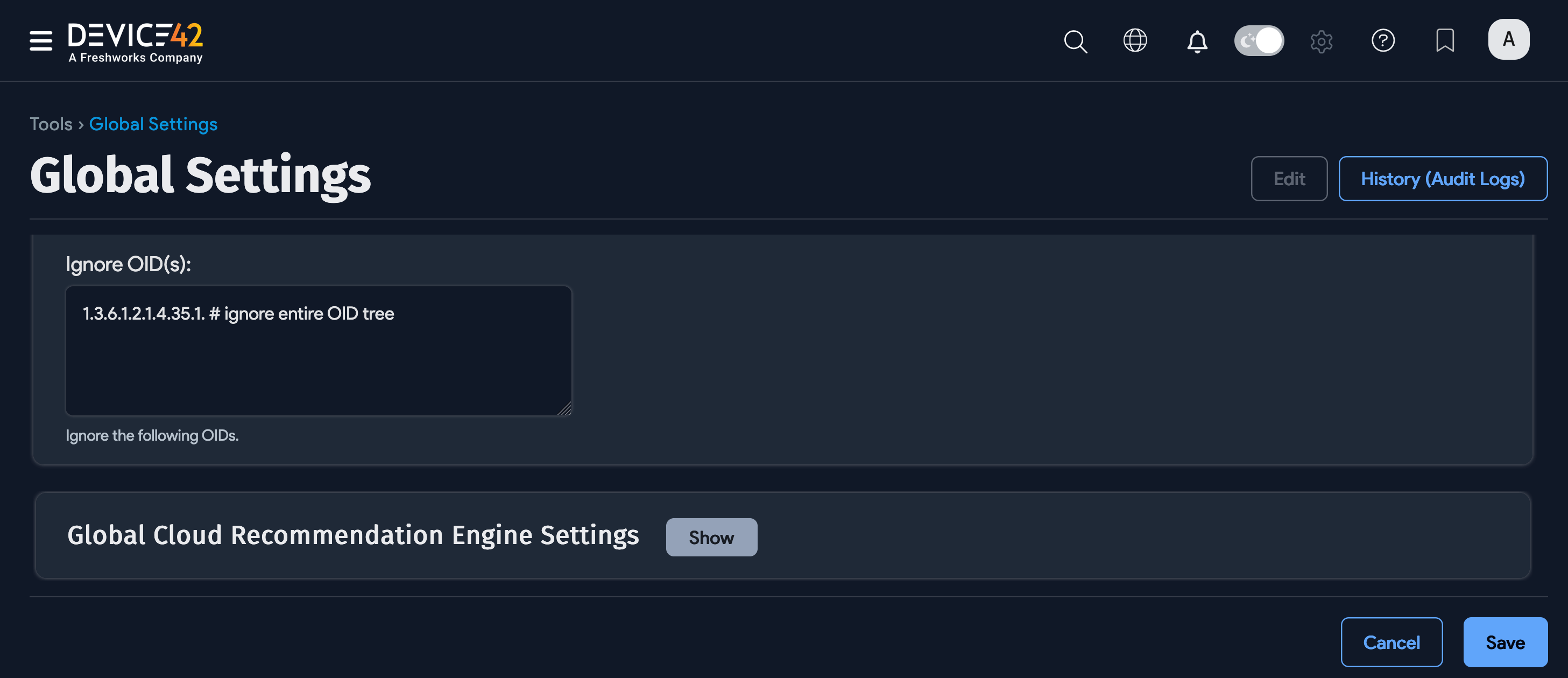 Global Settings Ignore OID(s) field