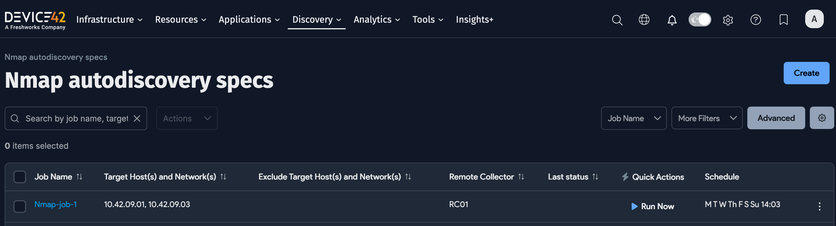Nmap list page with Run Now button