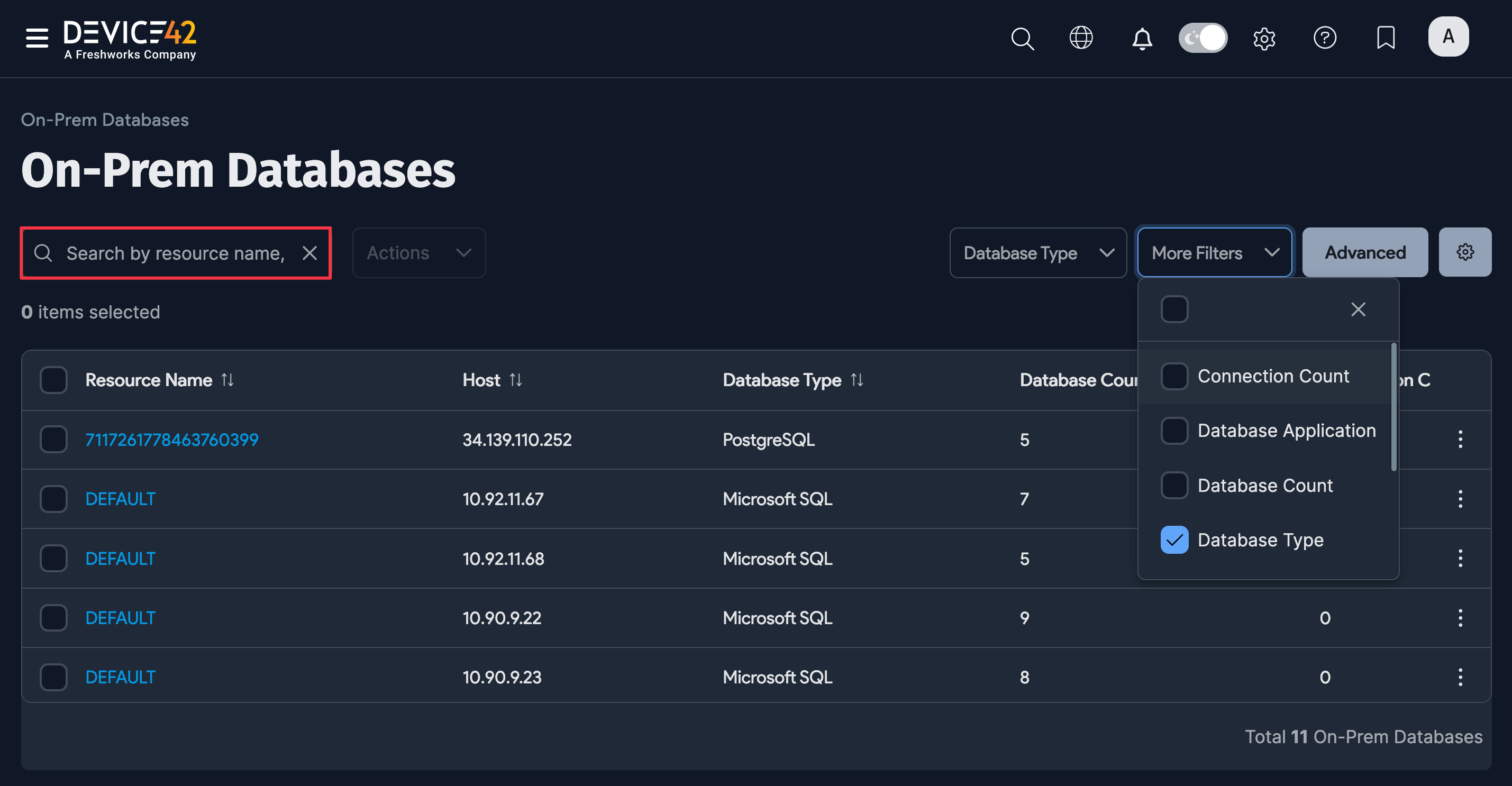 On-Prem Databases list page