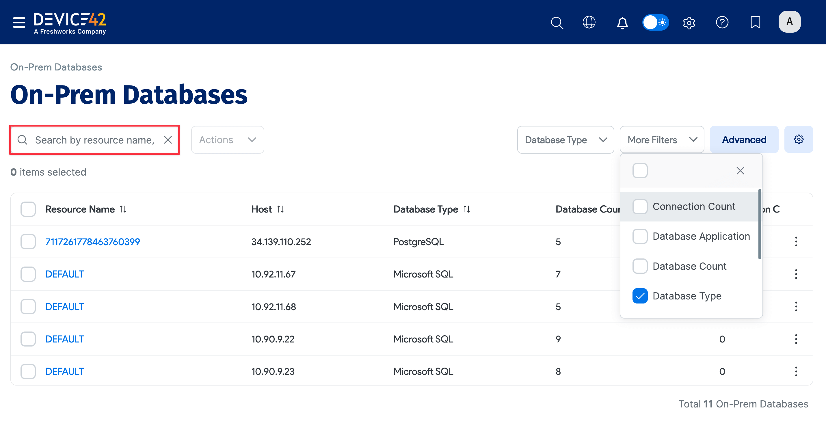 On-Prem Databases list page