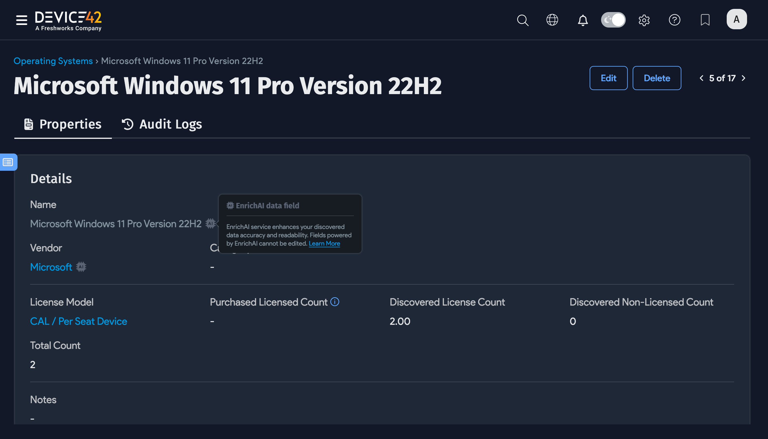 AI icon hover over on the Operating Systems list