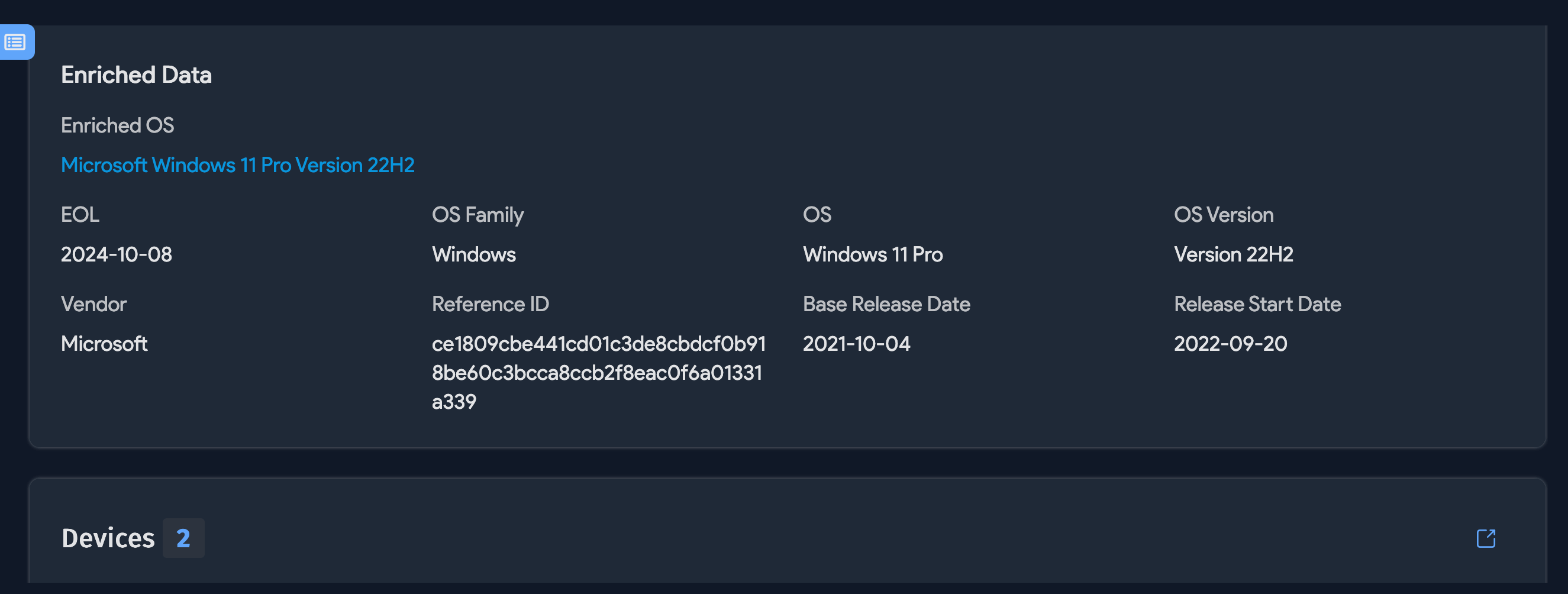 Enriched Data section on a Windows OS record