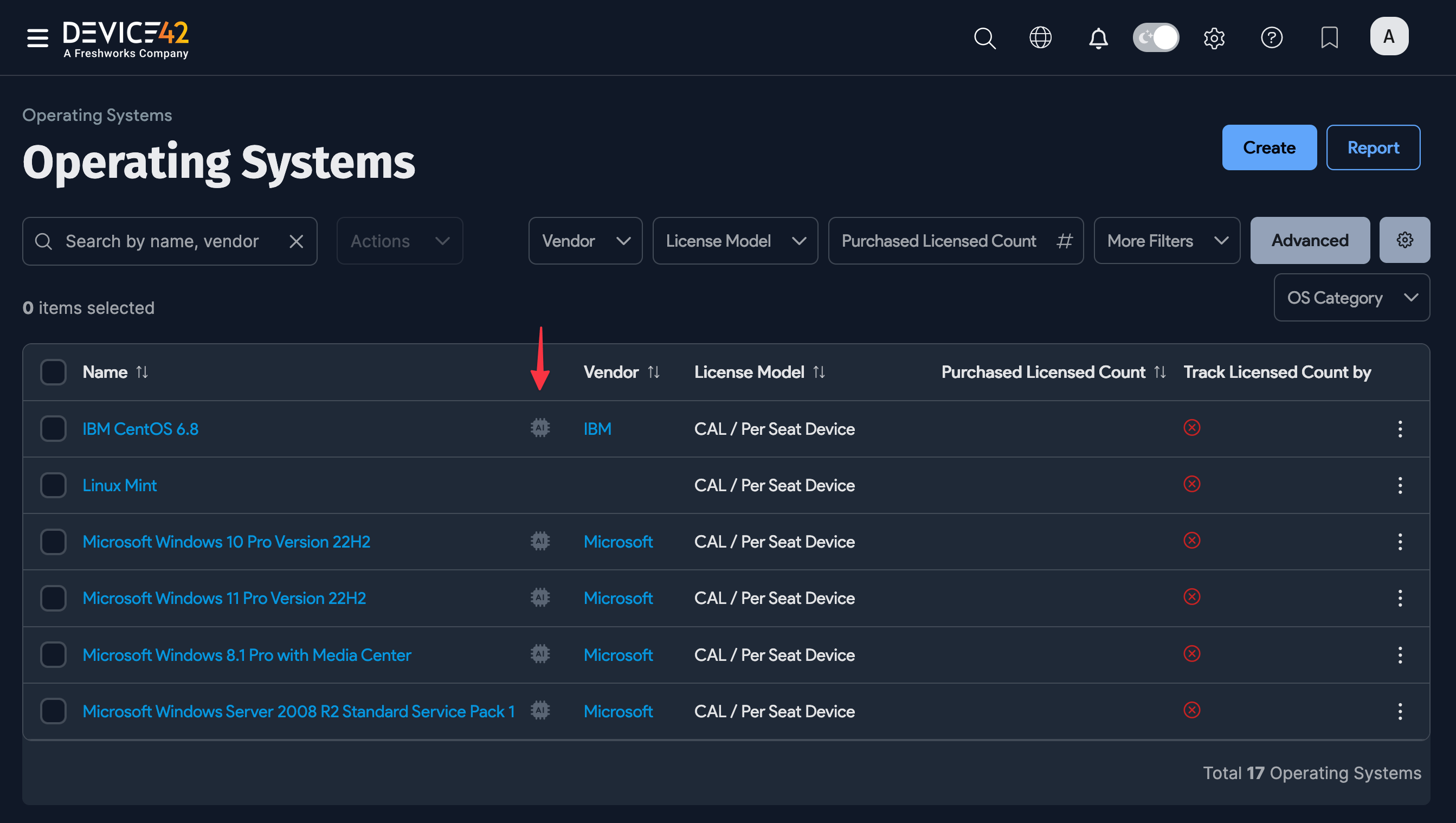 Operating Systems list with Enriched Data icons