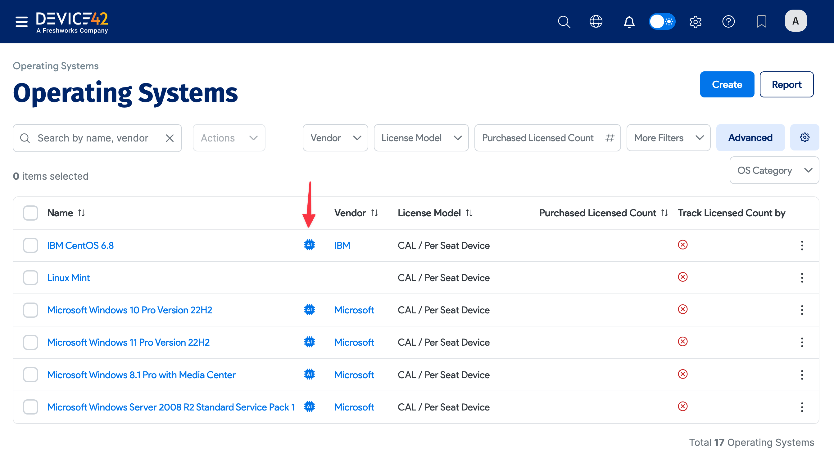 Operating Systems list with Enriched Data icons