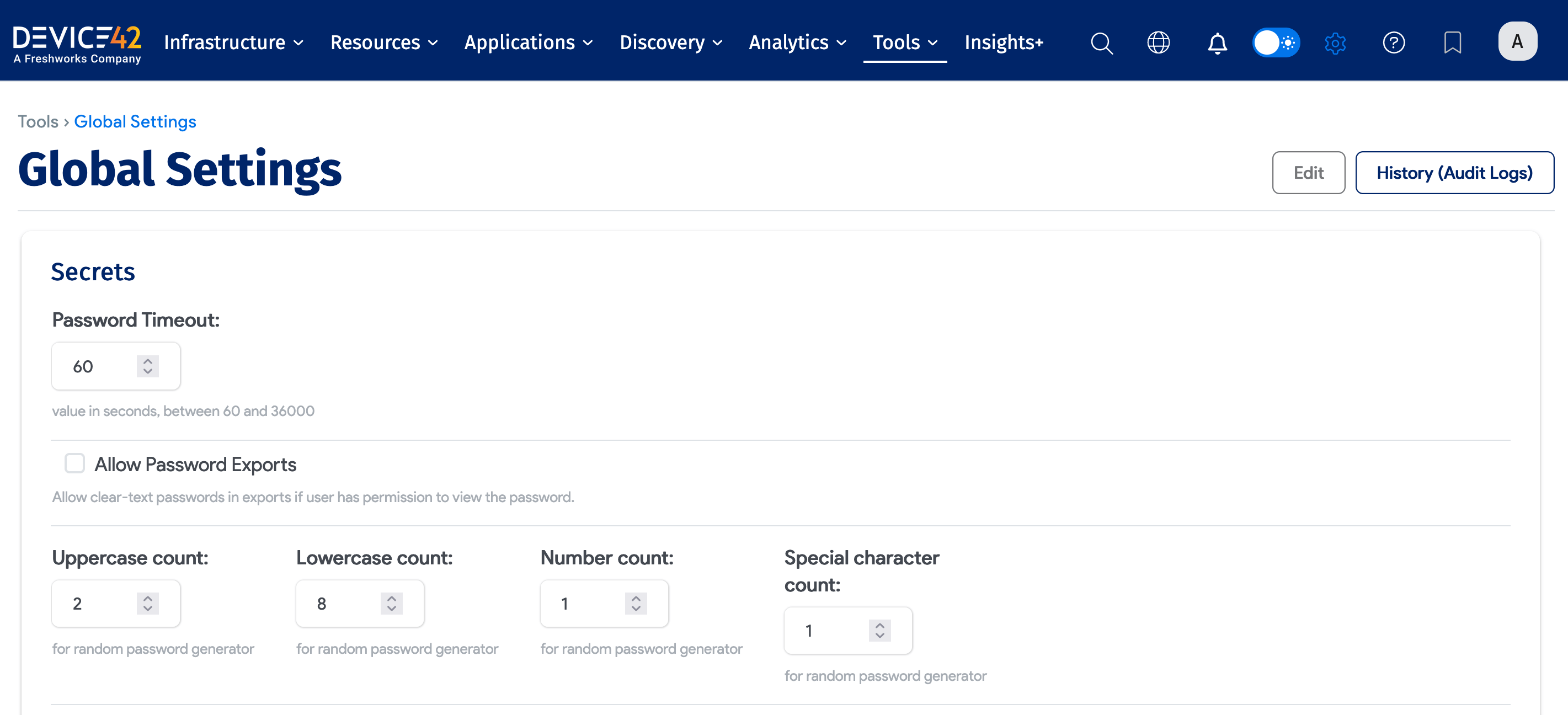 Secrets section on Global Settings