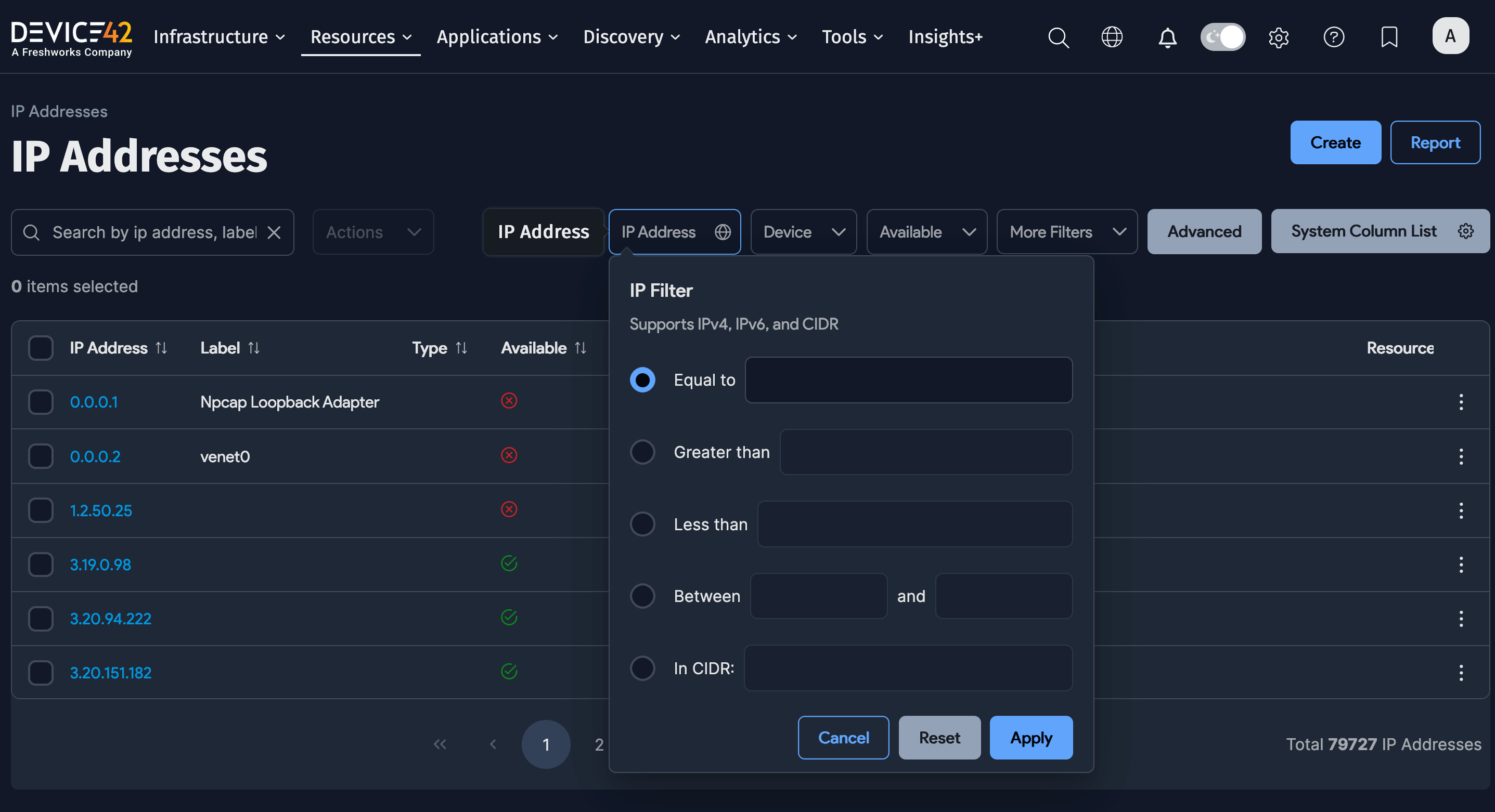 All IP addresses list page