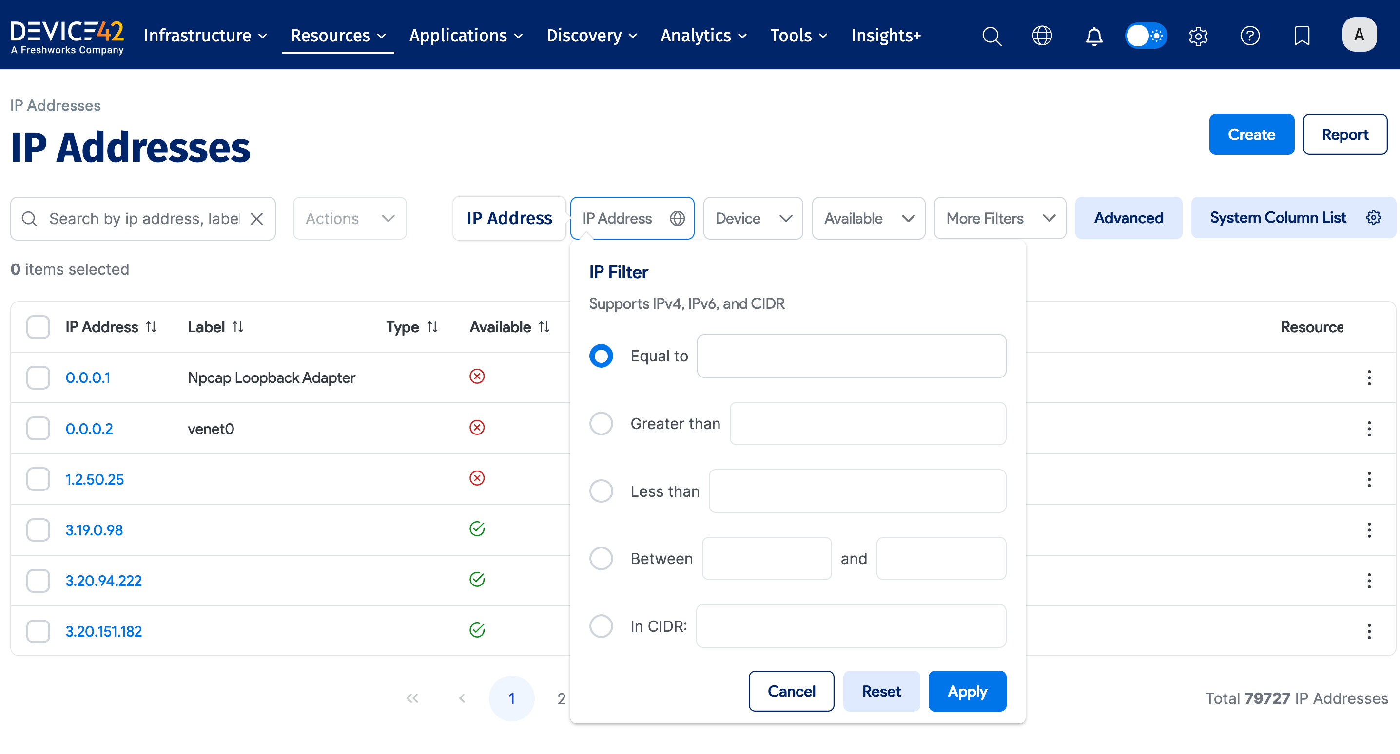 All IP addresses list page