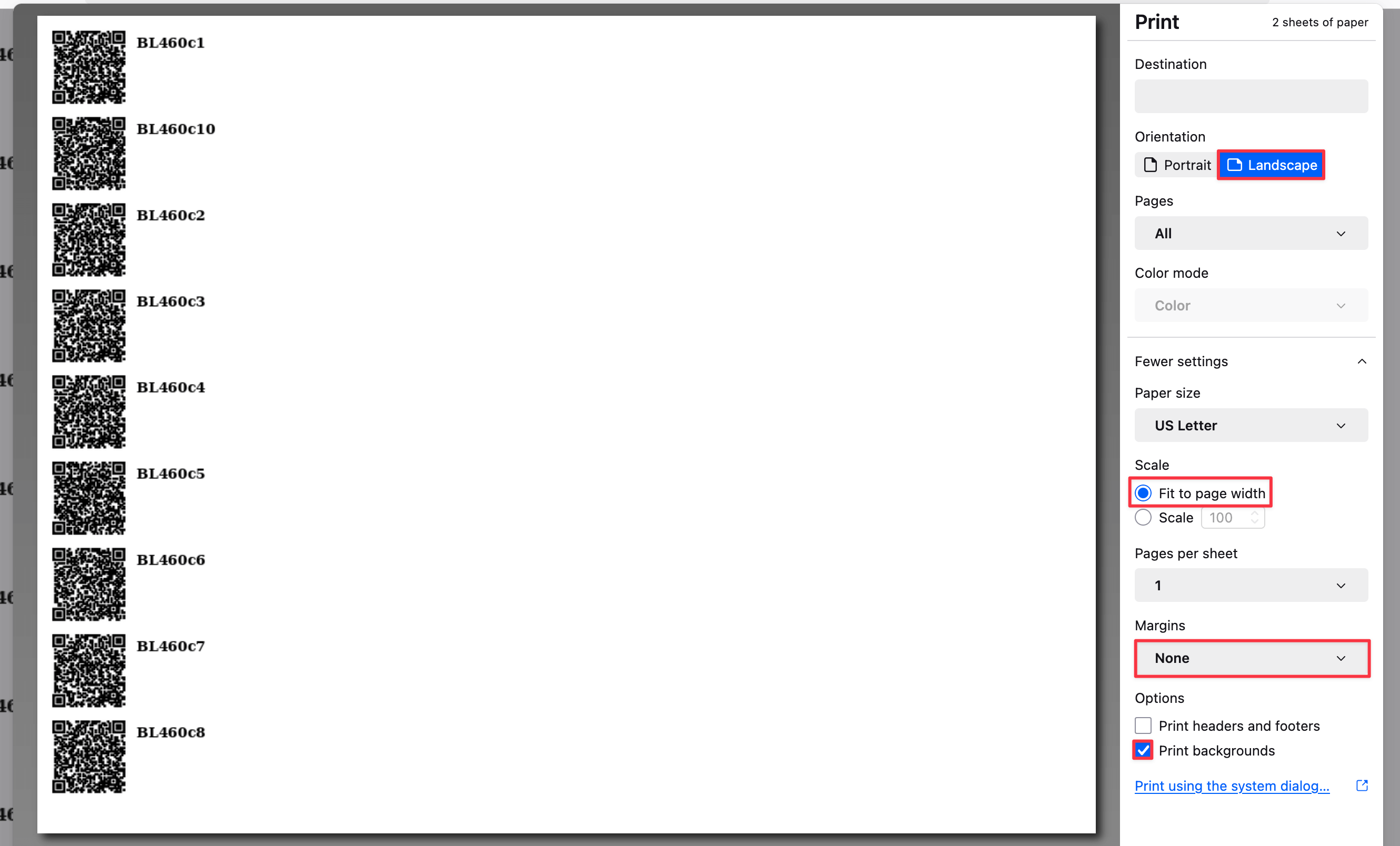 Print settings for QR codes in Firefox