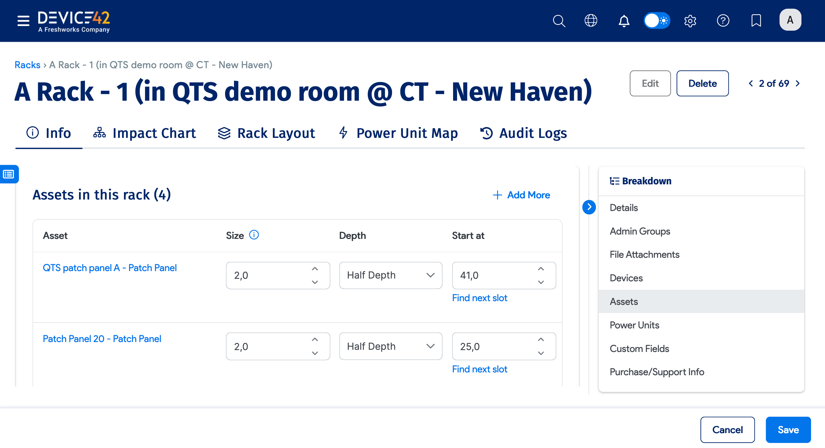 Adding assets to the rack from the rack edit screen