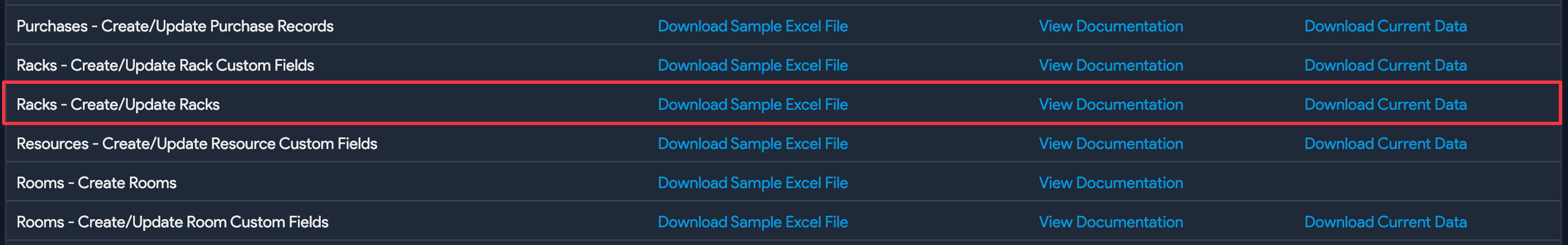 Import/Export options for racks