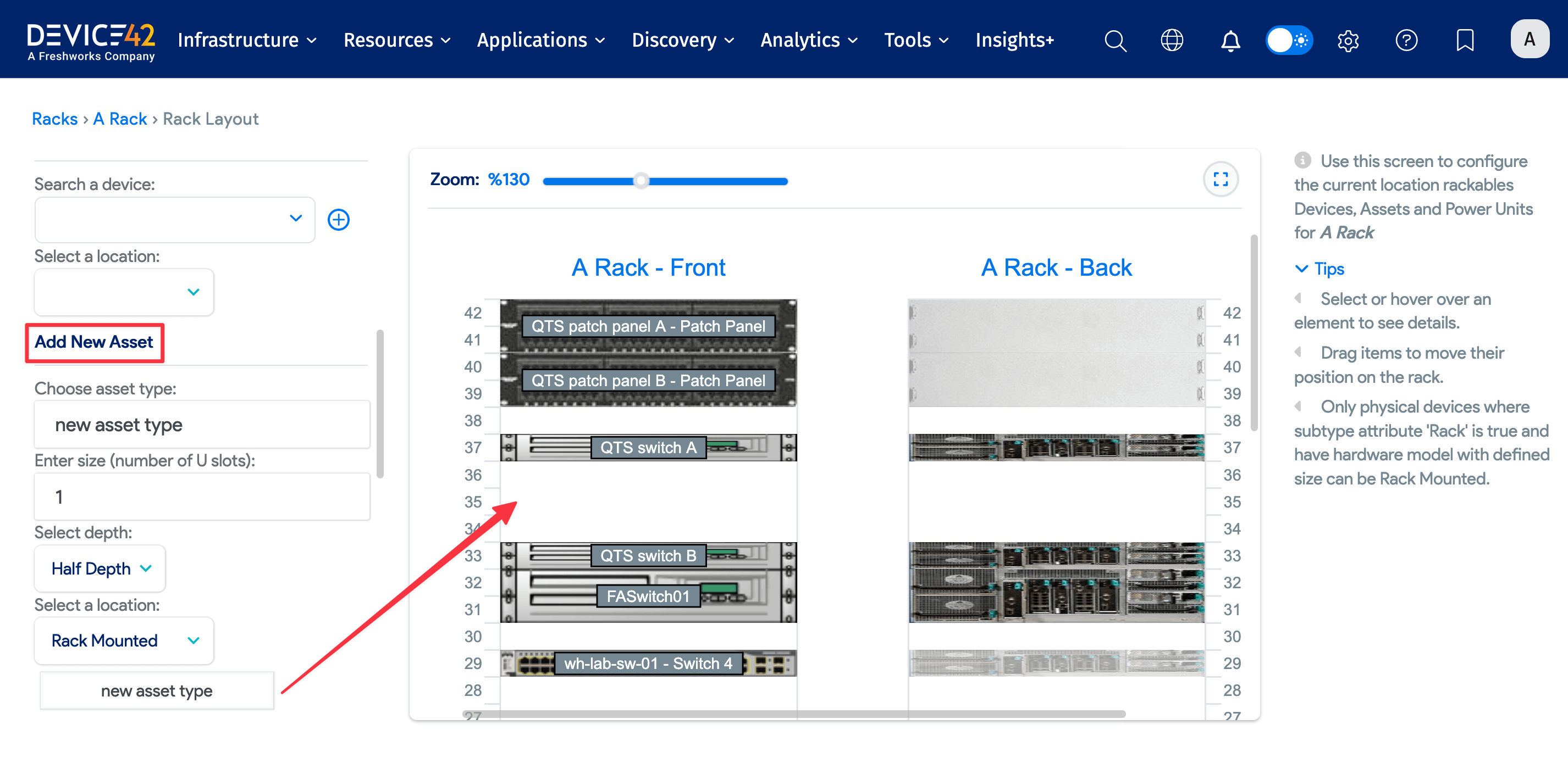 Adding assets to the rack from the rack layout screen