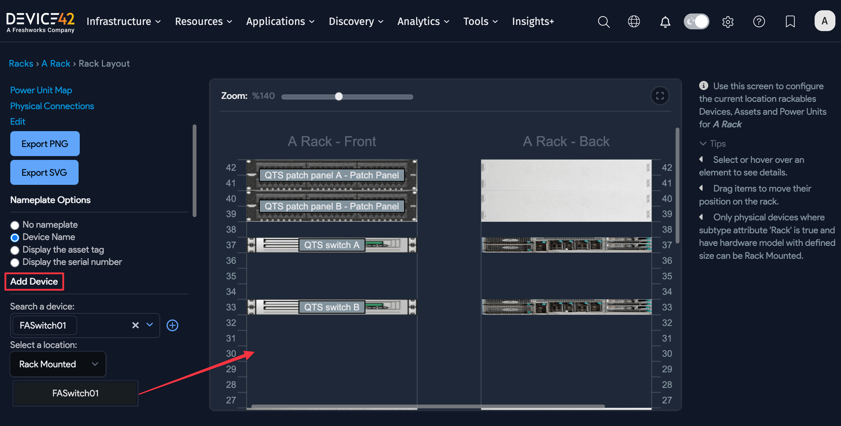 Add device to rack from the layout screen