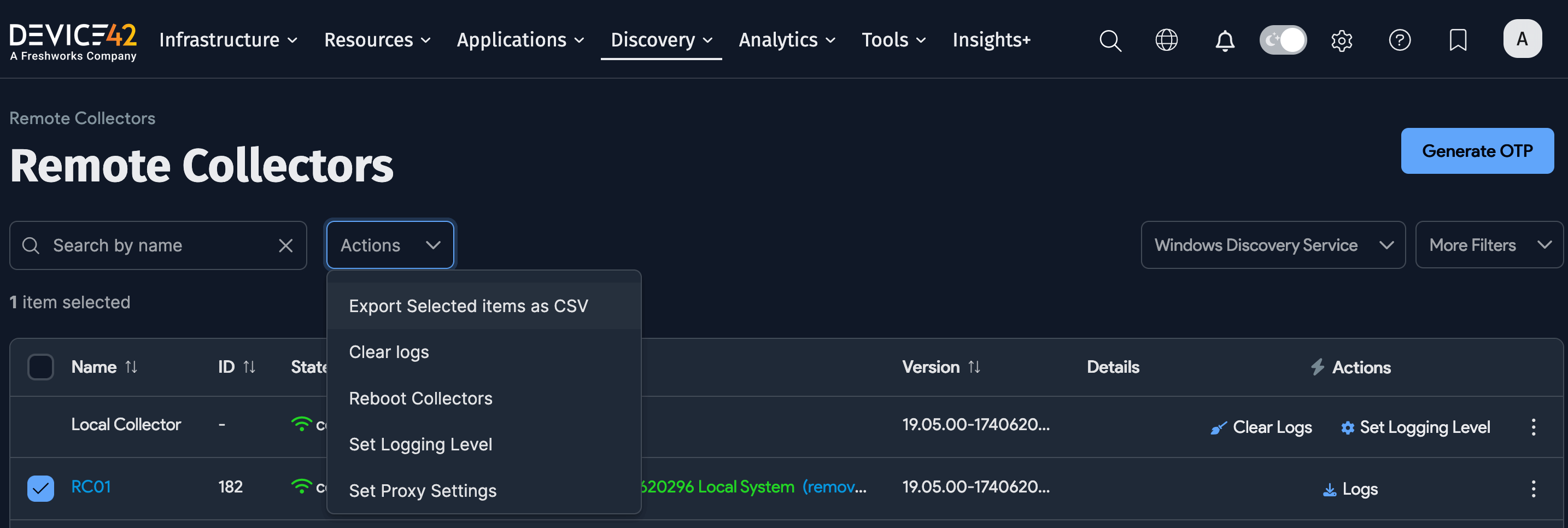 Remote Collector list page actions