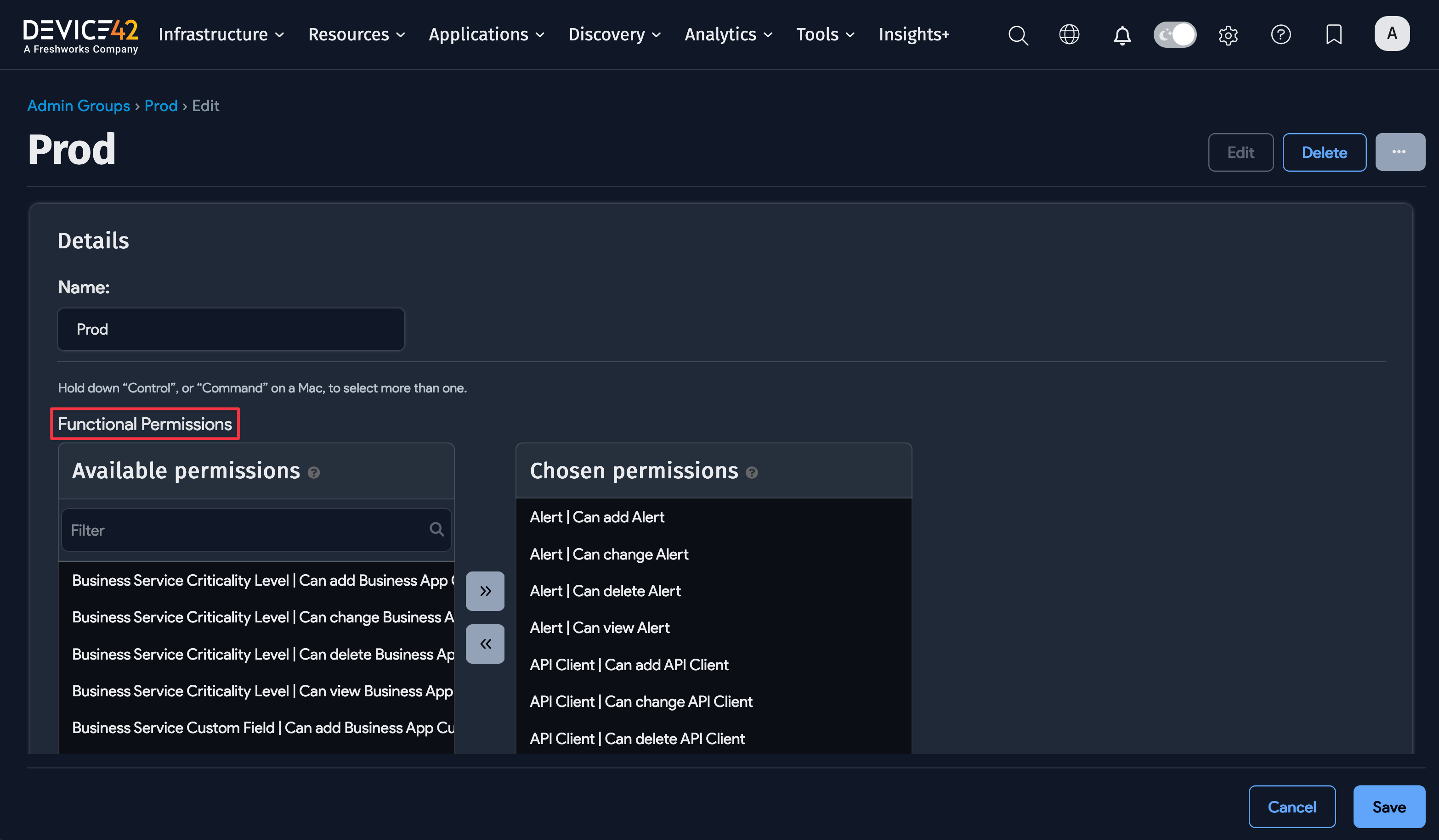 Admin group permissions