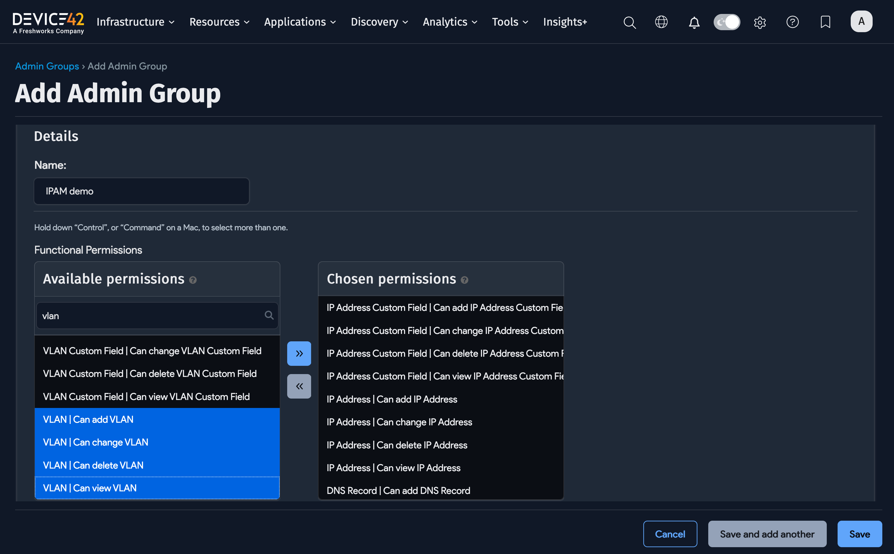 Select VLAN-related permissions