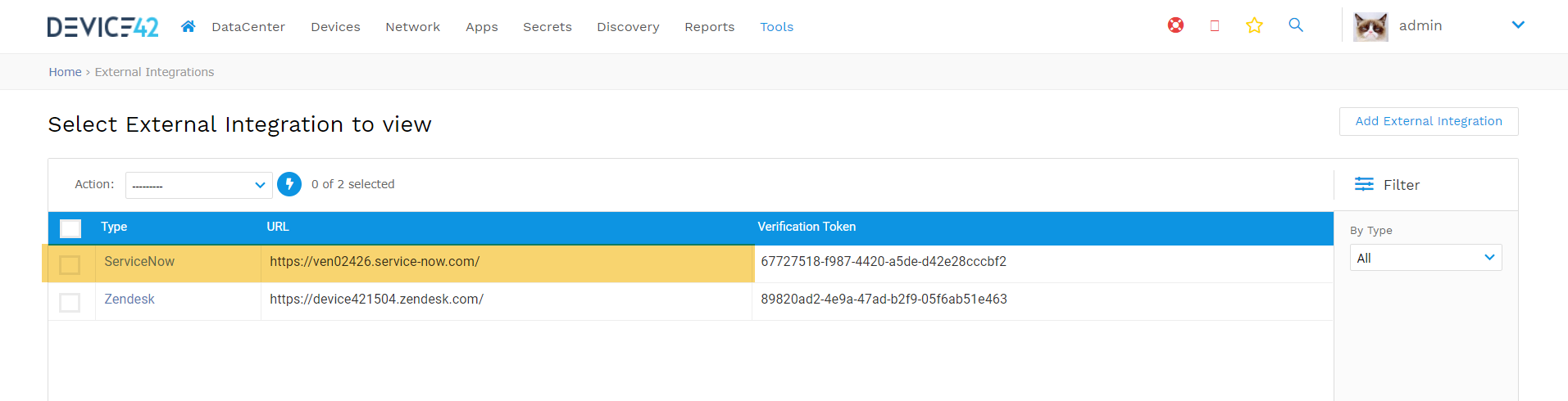Select External integration to view