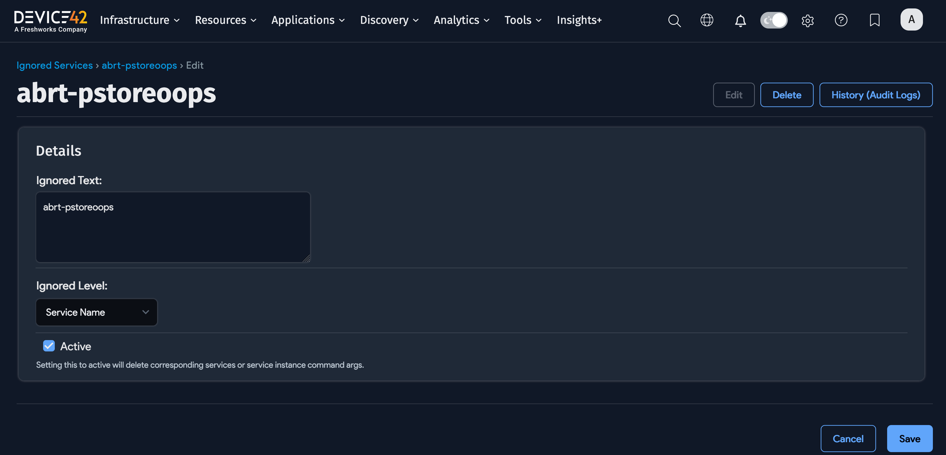 Edit Ignored Service