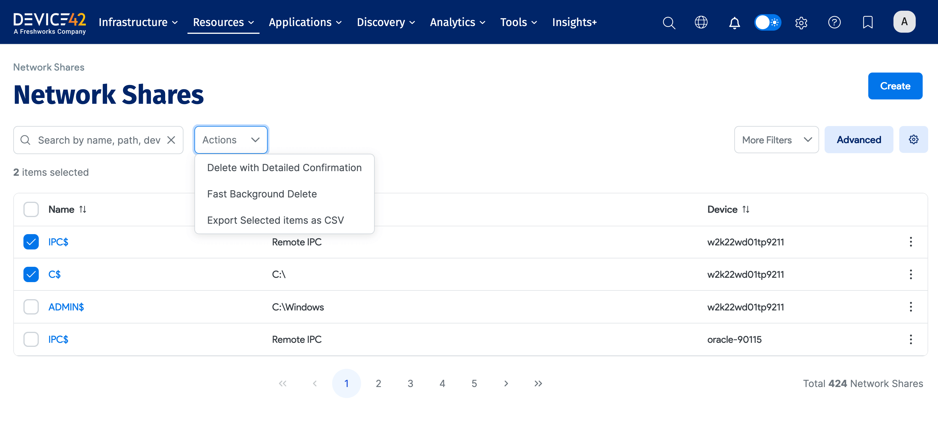 Network Shares actions