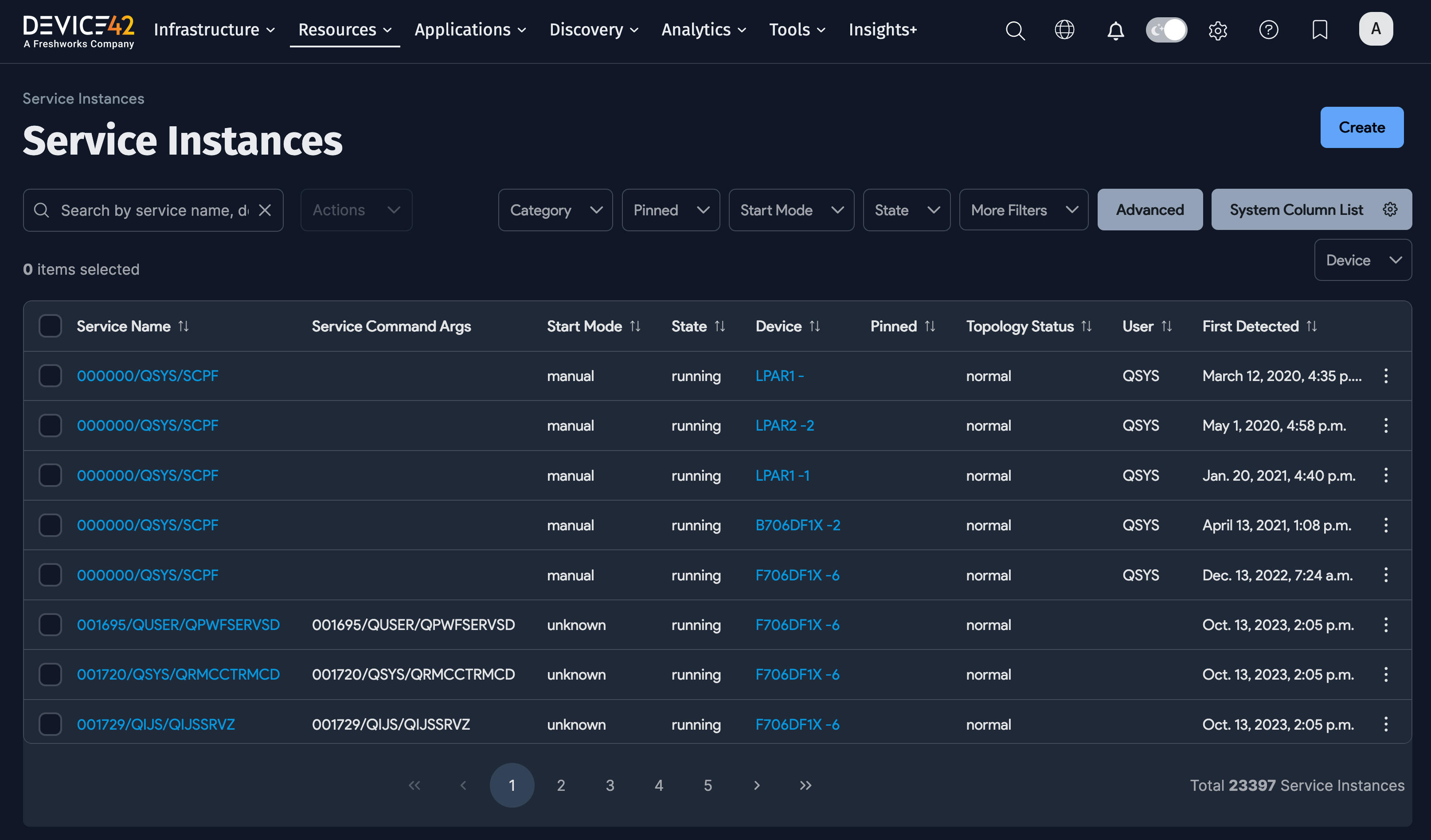 Service Instance list page
