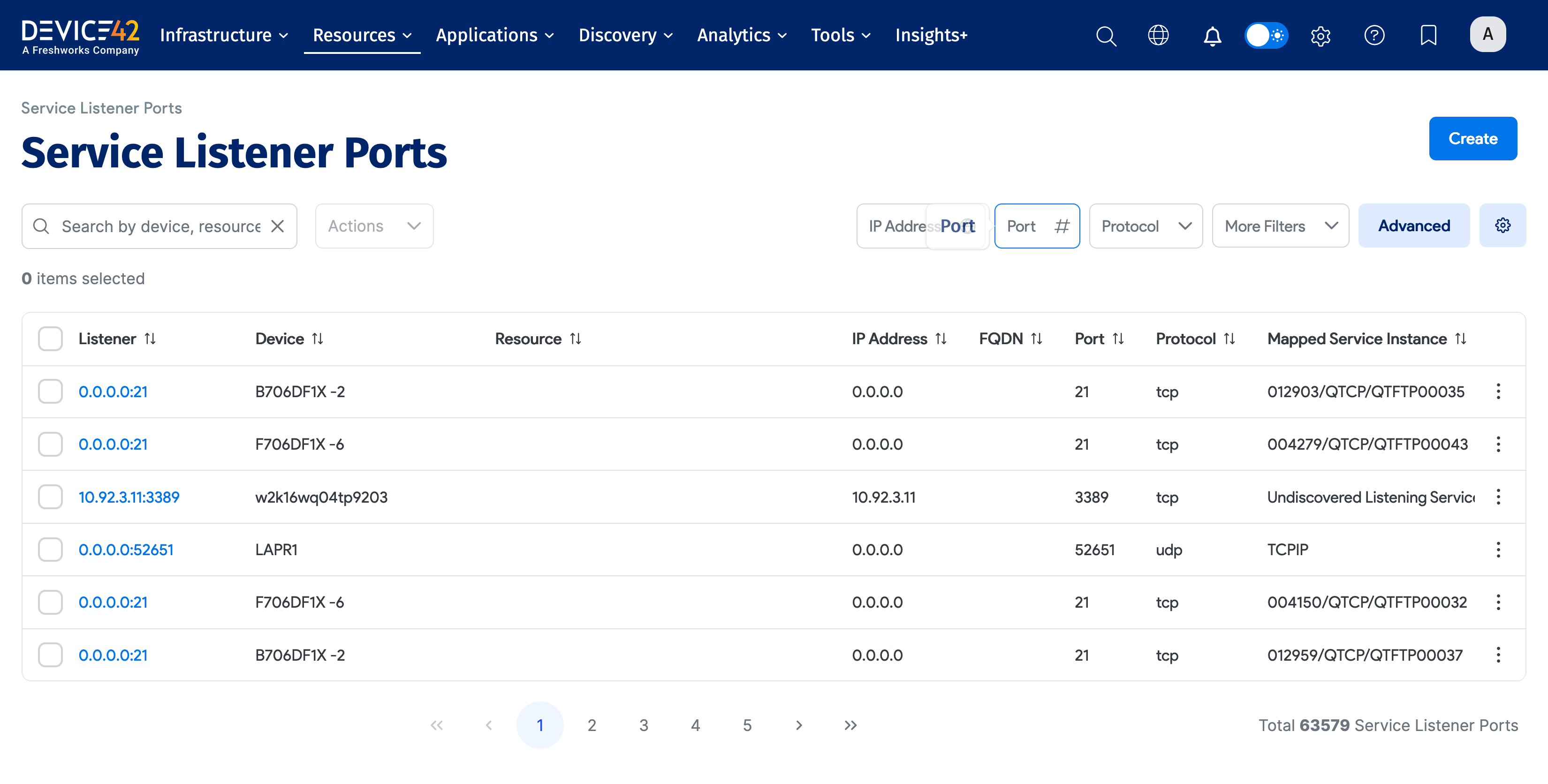 Service Listener Ports list page