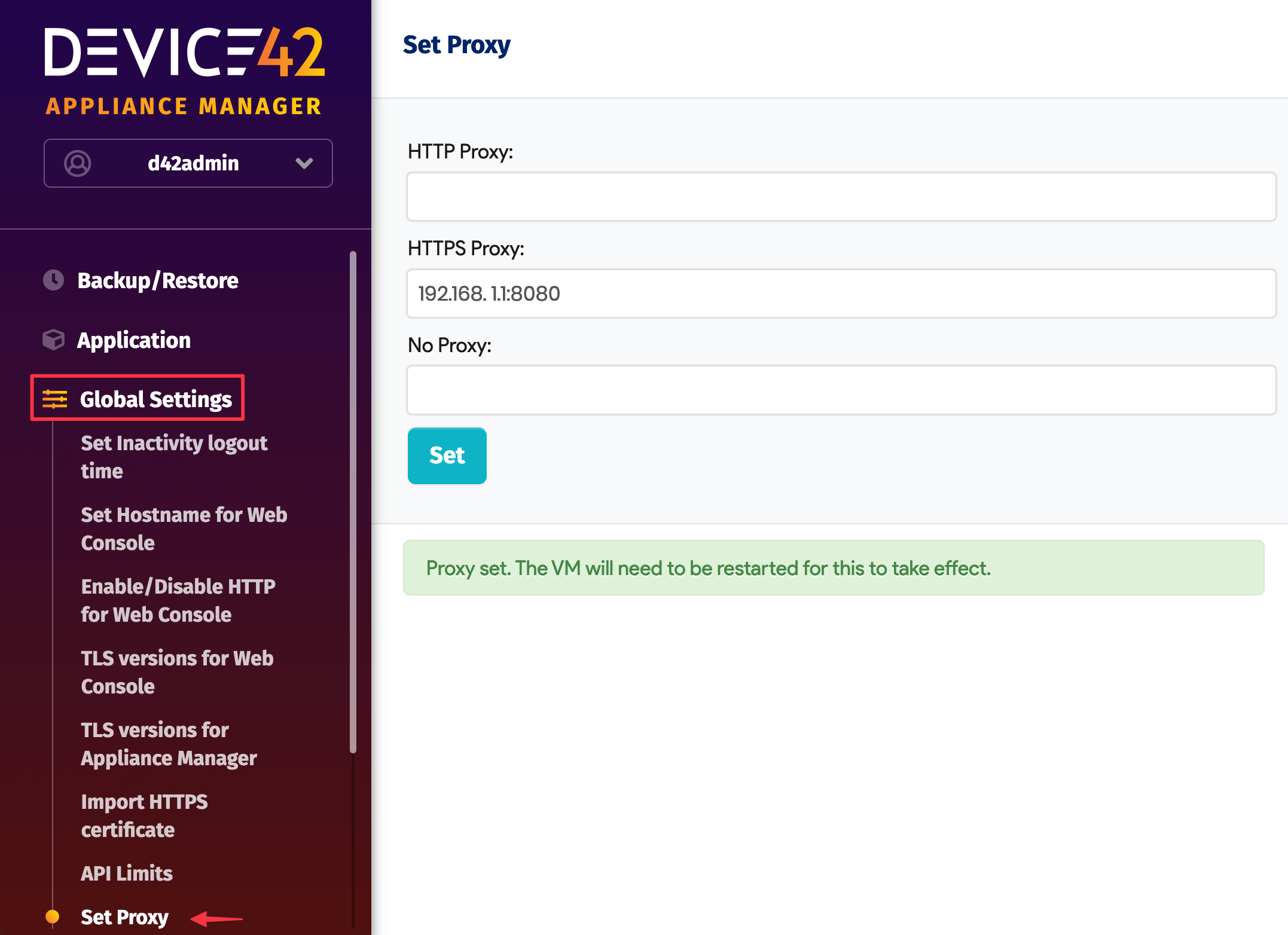 Appliance Manager global proxy location