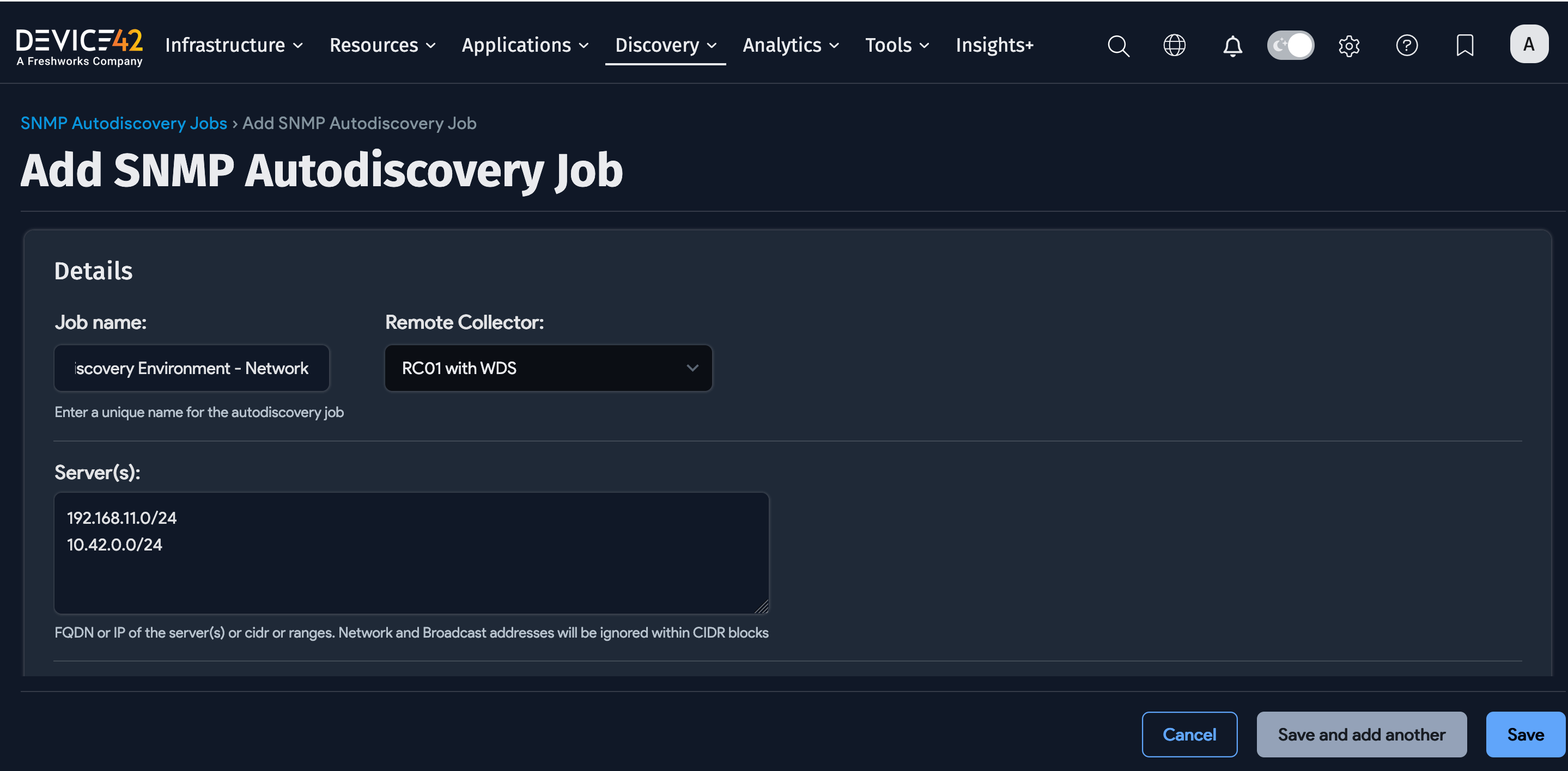SNMP discovery job form