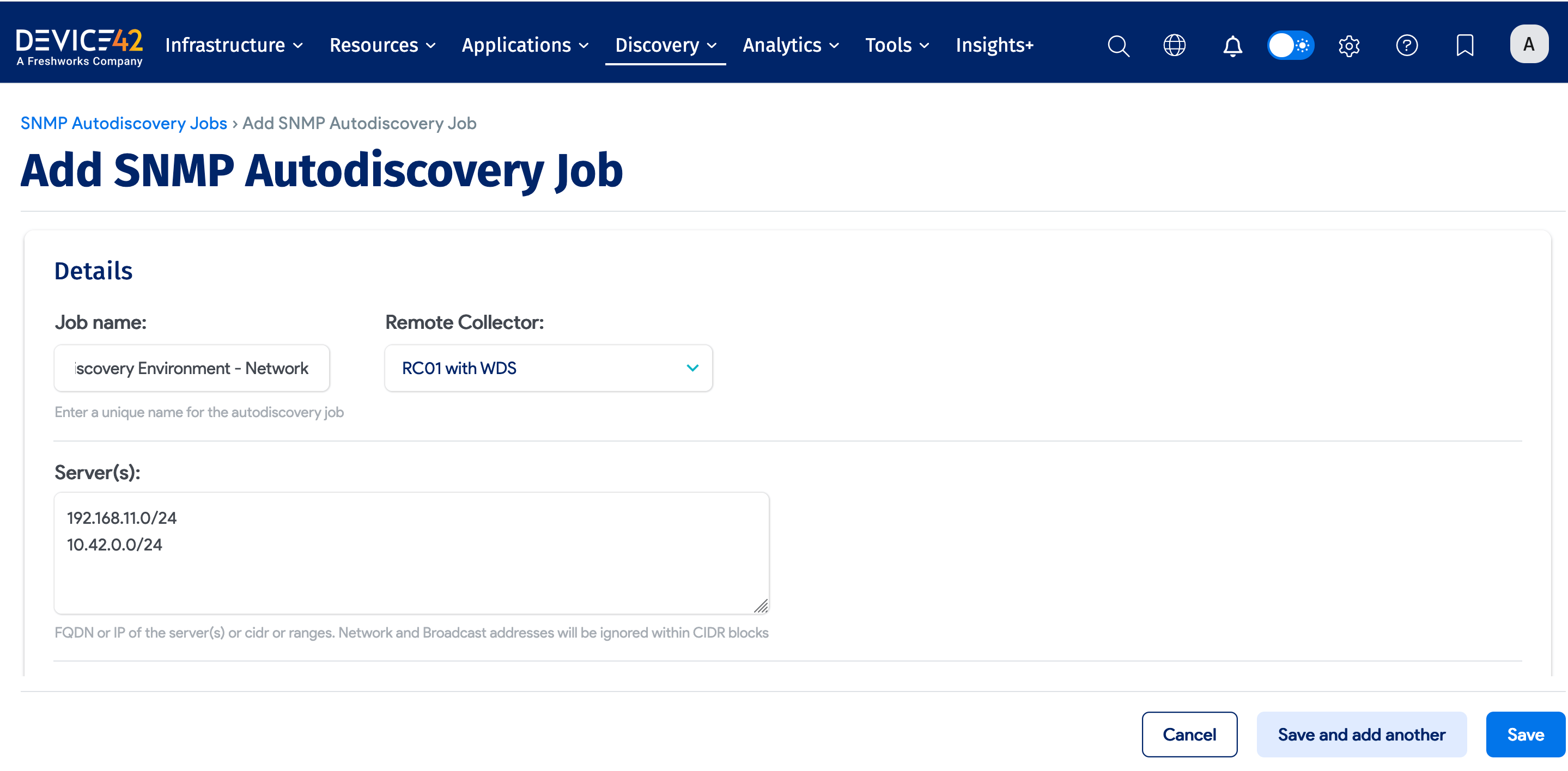 SNMP discovery job form