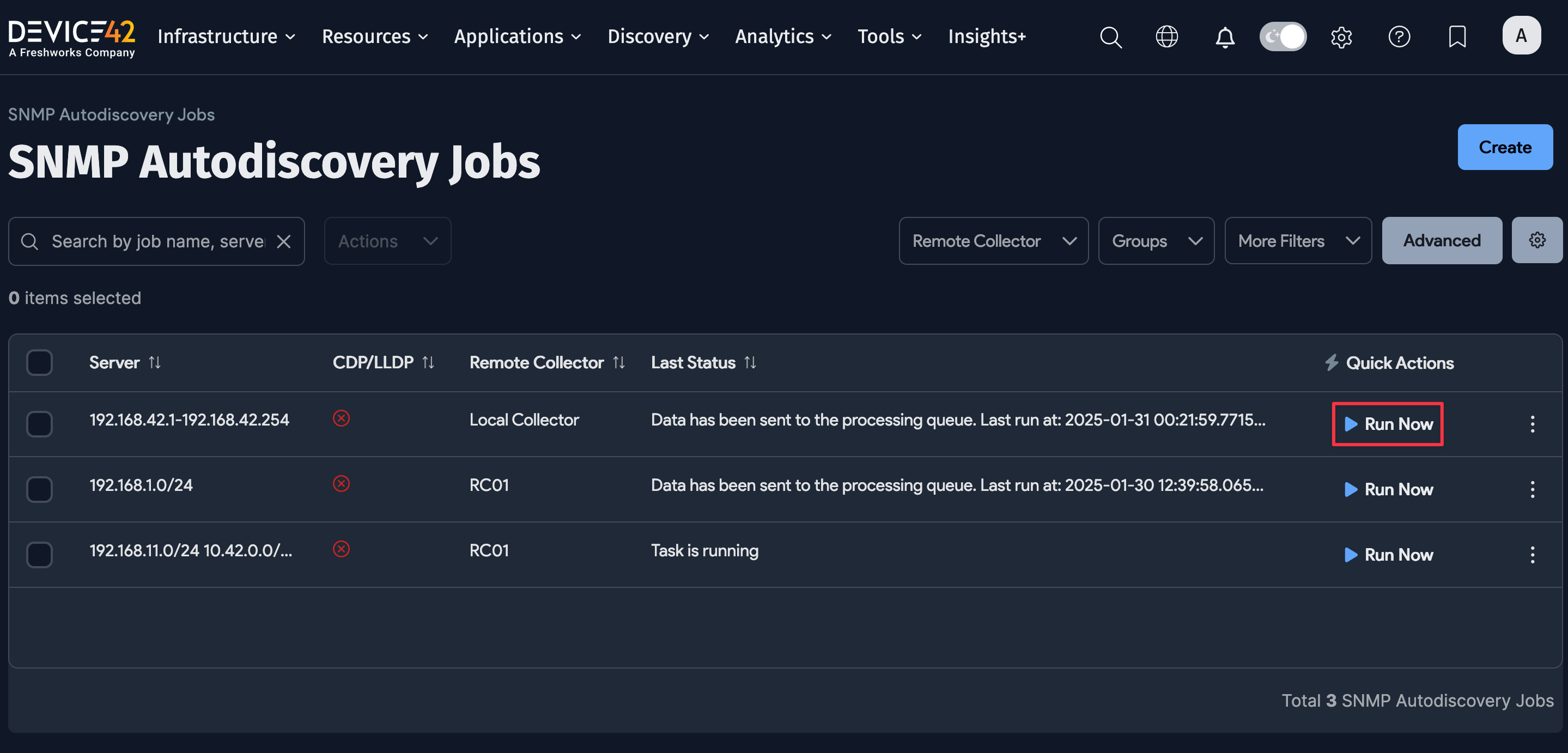 Run Now button on SNMP list page