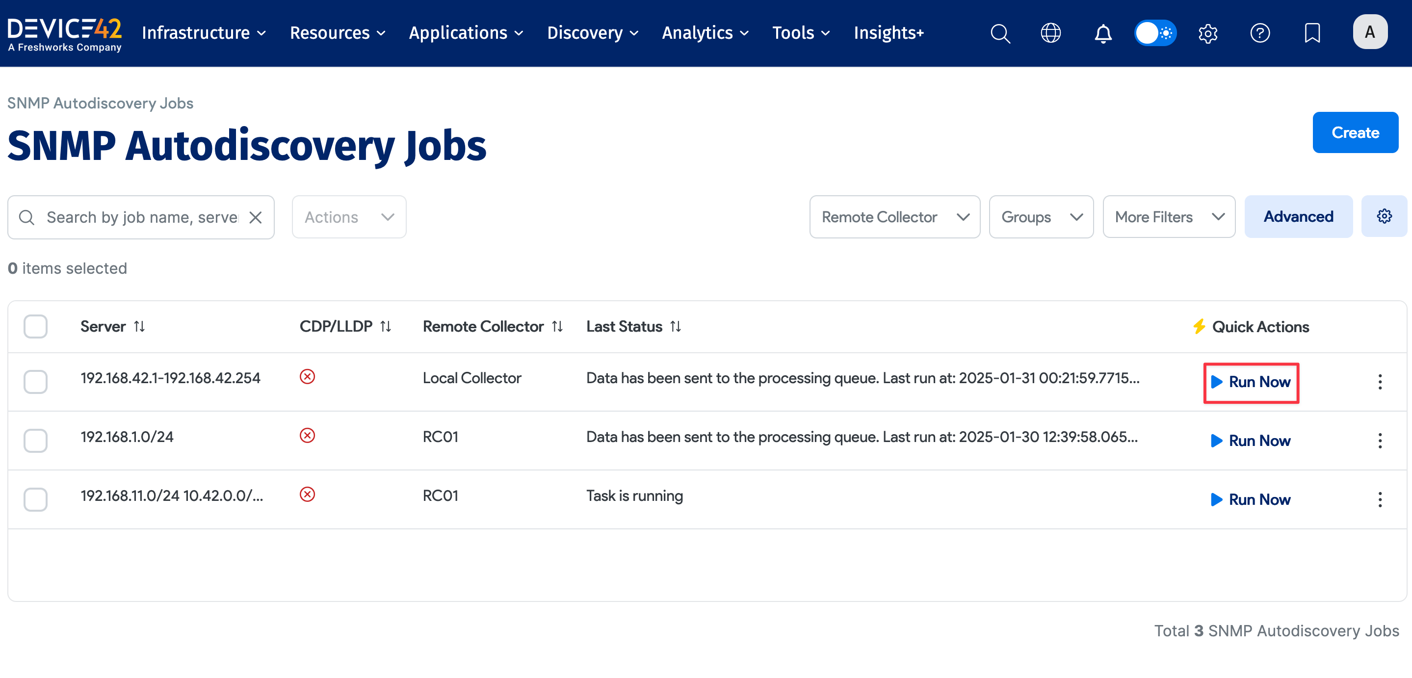 Run Now button on SNMP list page