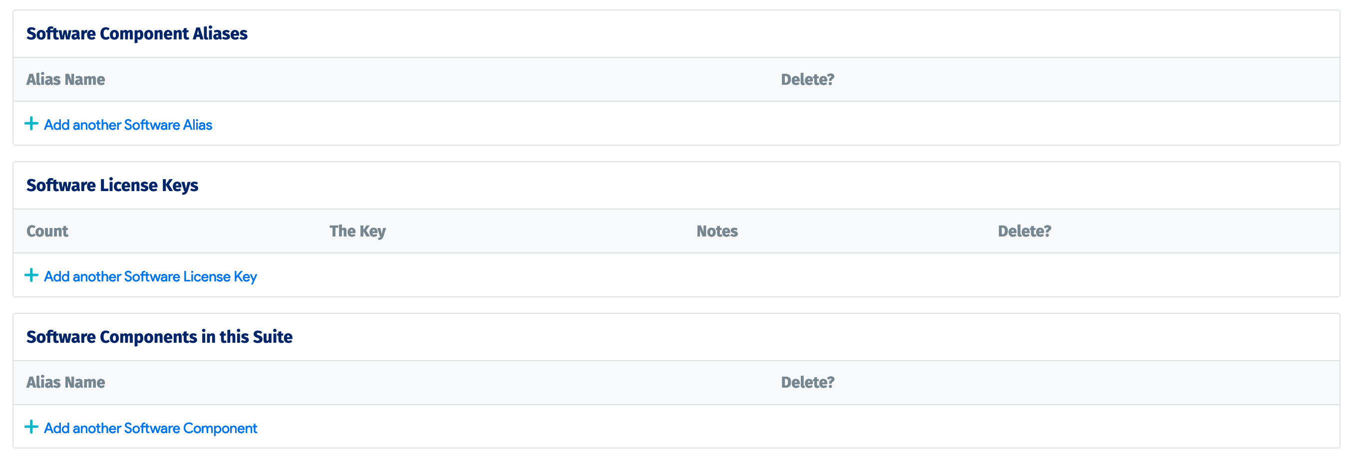 Software component aliases and license keys