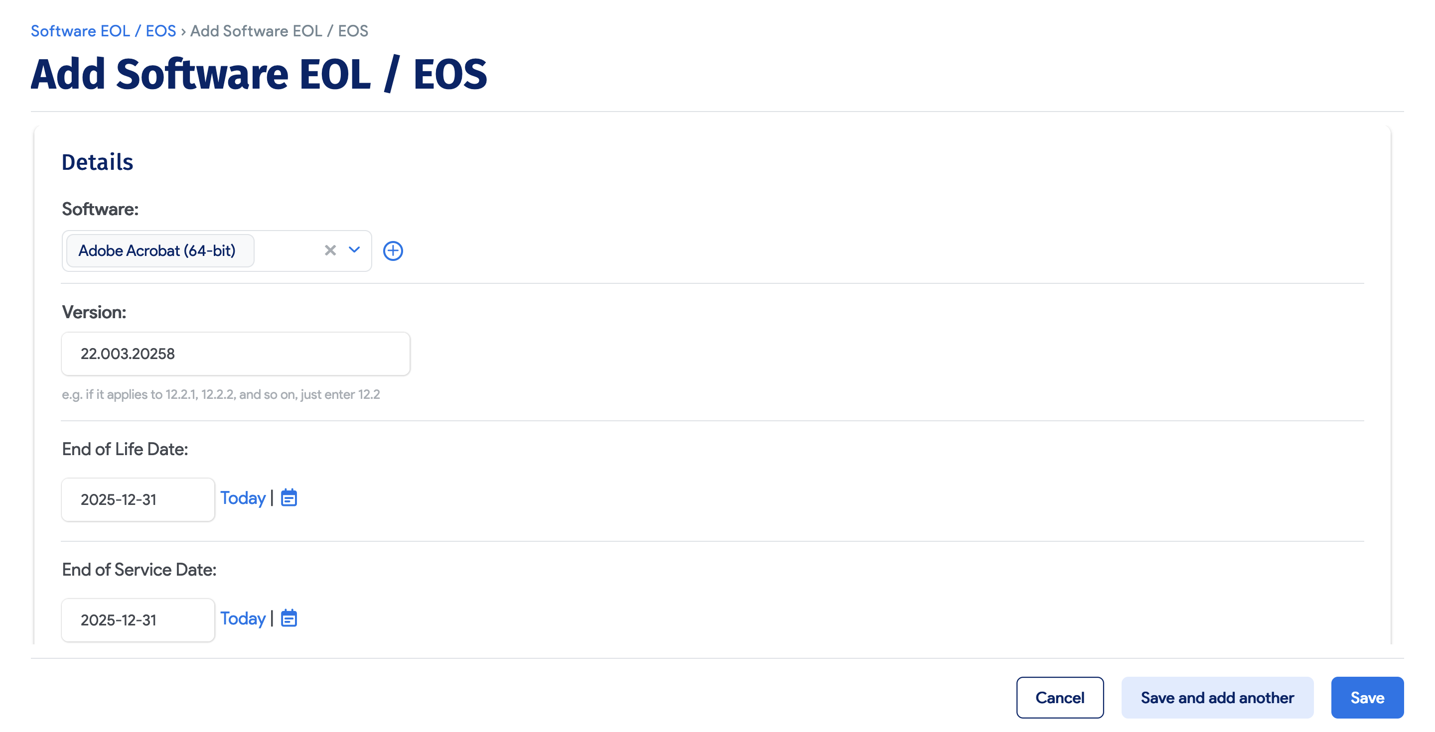 Add software EOL / EOS entry form