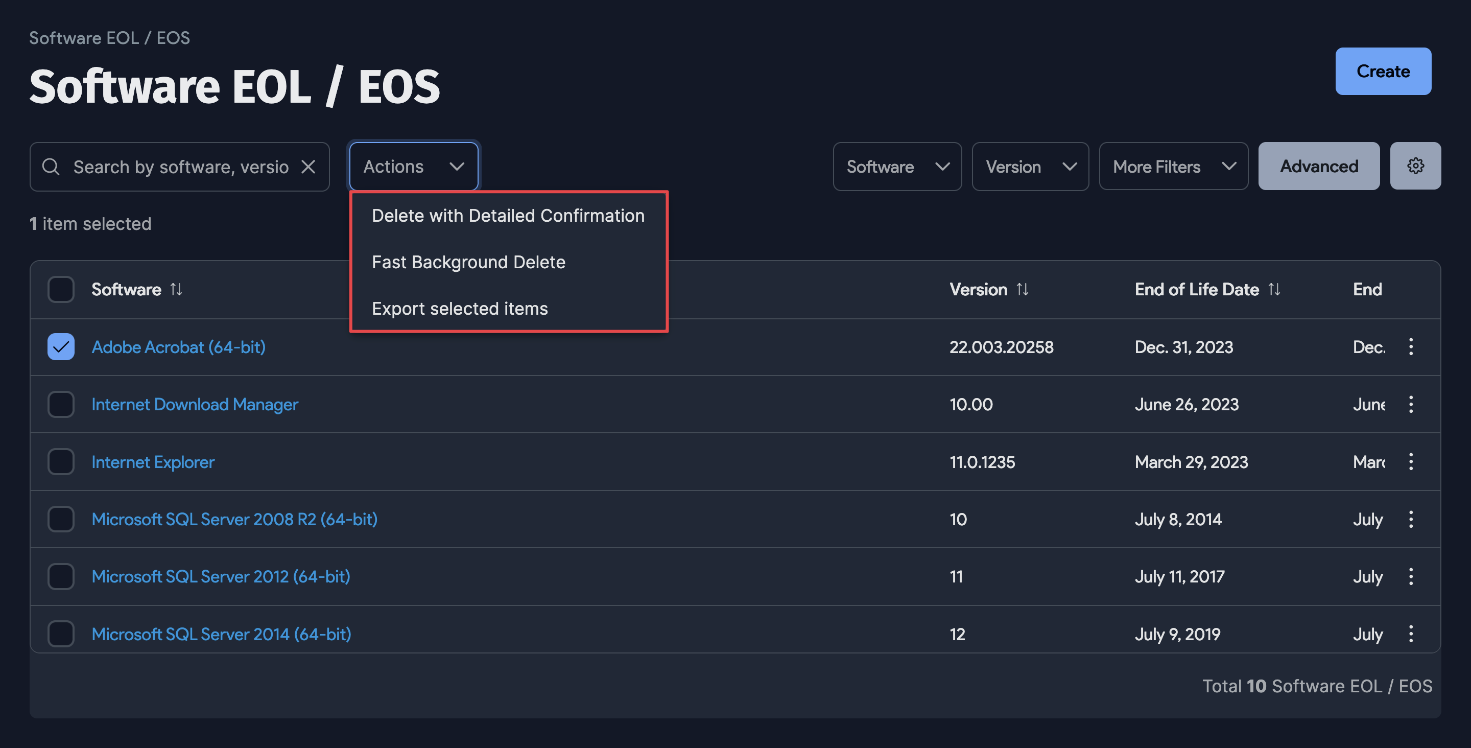 Software EOL / EOS actions dropdown