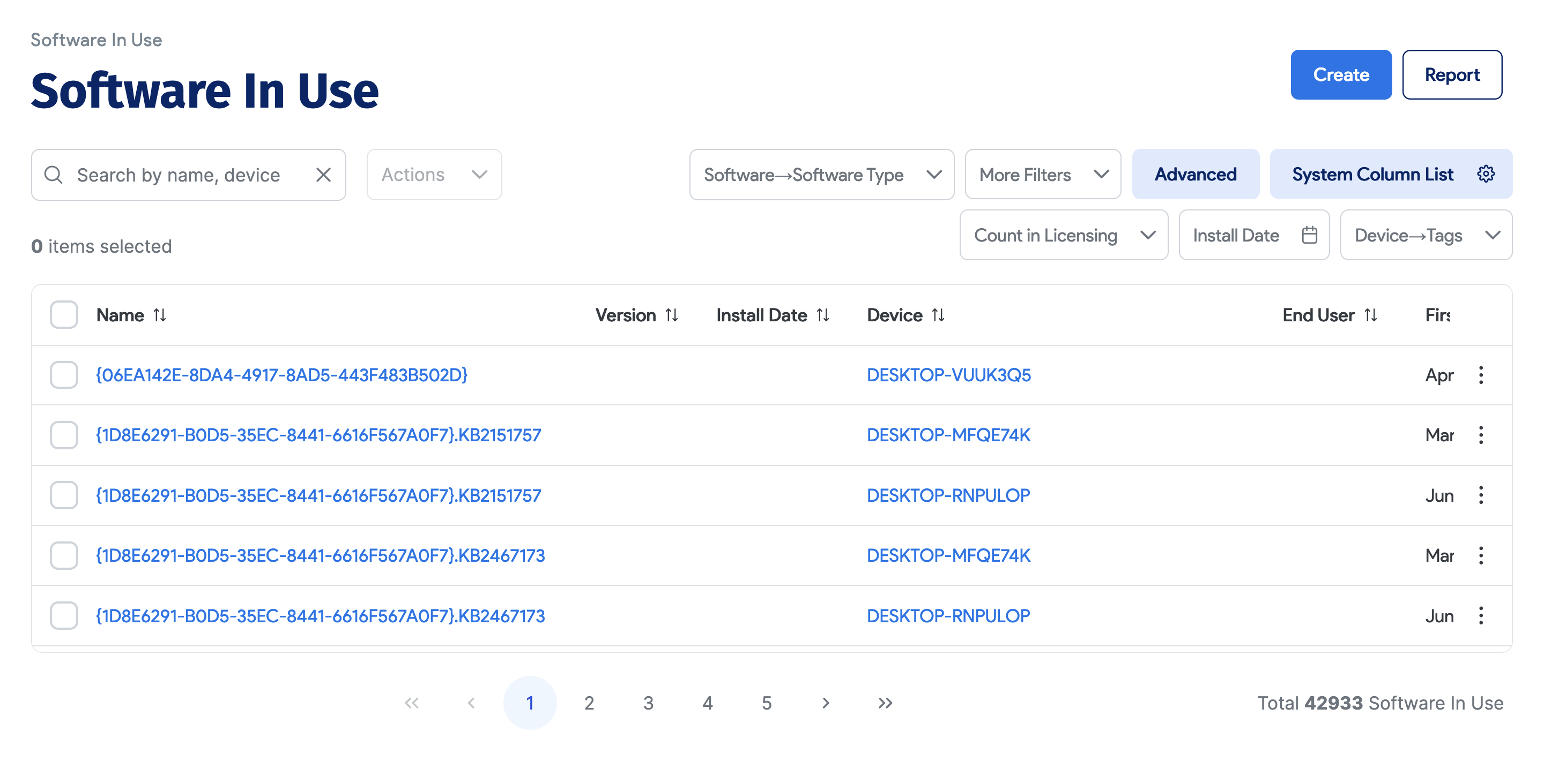 Software in use list view